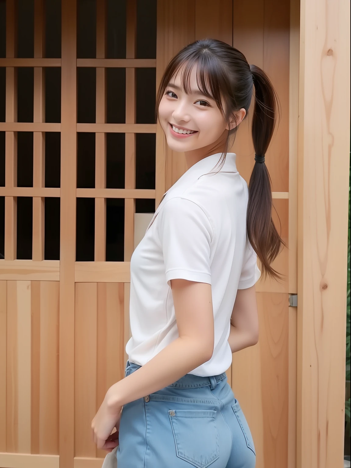 Beautuful Women、18year old、student clothes、Japanese houses、veranda、poneyTail、a smile、ASS