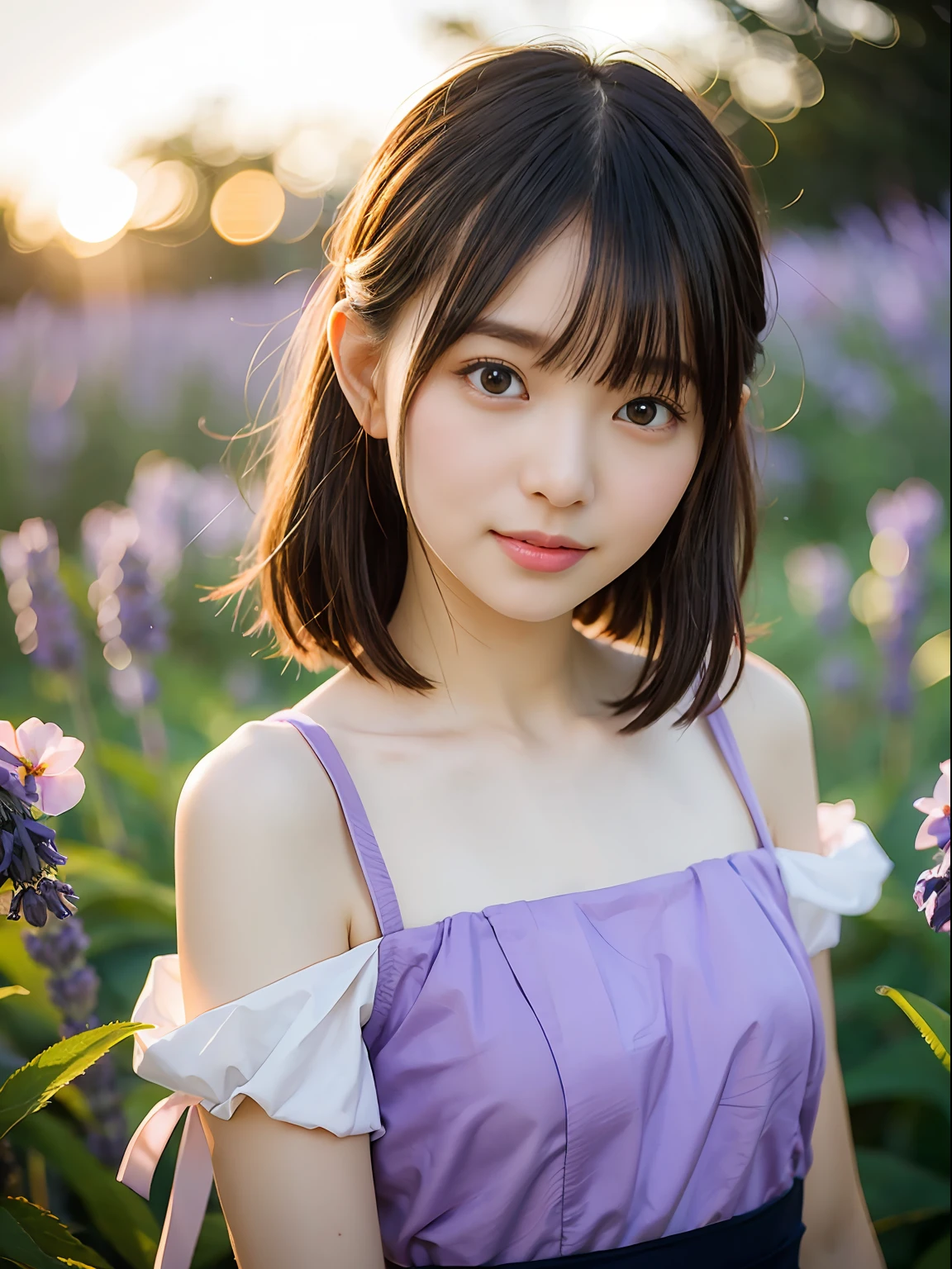 (((fully body photo)))), ((Single Eyelids))),((Sunset backlight))),(lens flare glow)),(Wear classical clothes)),(Super Soft Focus)))))), ssmile, (Configuration file)))), (Upp)), at twilight, showers, Colorful lavender on background, Surrounded by lavender flowers, ((pastel sunset)), (yinchuan:1.5), tmasterpiece, best qualtiy, RAW photogr, Photorealsitic, the face, beuaty girl, adolable, short detailed hair, ((((depth of fields)))), A high resolution, hyper-detailing, finedetail, Very detailed, cinmatic lighting