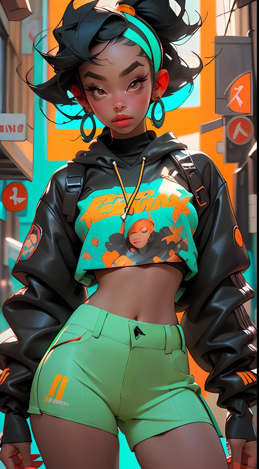 ((Best quality)), ((masterpiece)), ((realistic)) and ultra-detailed photography of a 1stunning african american insta baddie with neon headphones. She has ((black hair)), is wearing an turquoise and orange techwear jacket, and exudes a ((beautiful and aesthetic)) hip hop vibe., ghetto, ratchet, lip gloss, mega detailed, best quality, top-notch masterpiece