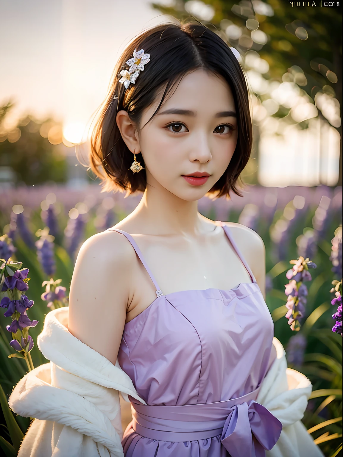 （（（fully body photo））））， （（Single Eyelids））），（（Sunset backlight））），（lens flare glow）），（Wear classical clothes）），（Super Soft Focus））））））， ssmile， （Configuration file））））， （Upp））， at twilight， showers， Colorful lavender on background， Surrounded by lavender flowers， （（pastel sunset））， （yinchuan：1.5）， tmasterpiece， best qualtiy， RAW photogr， Photorealsitic， the face， beuaty girl， adolable， short detailed hair， （（（（depth of fields））））， A high resolution， hyper-detailing， finedetail， Very detailed， cinmatic lighting