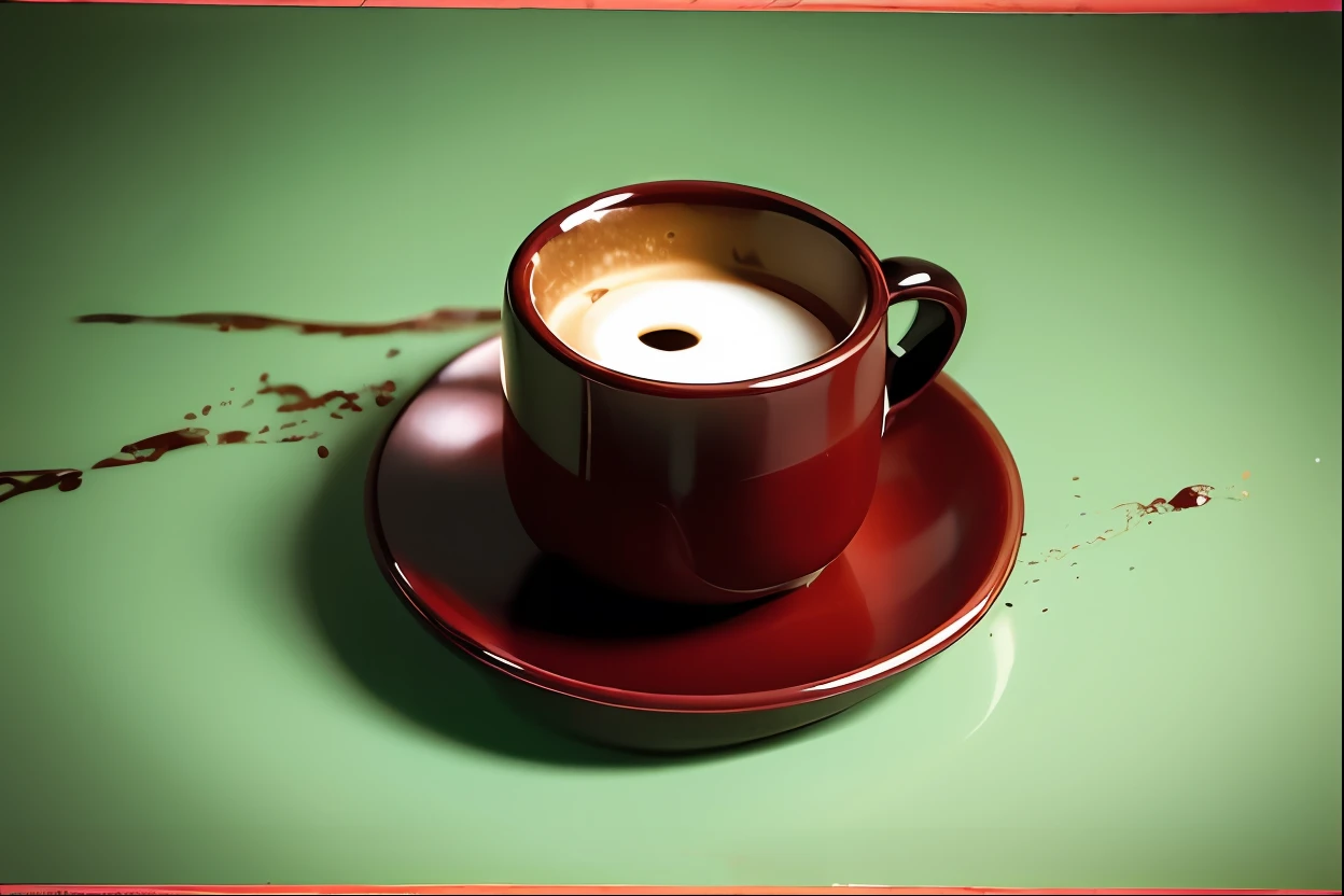 A cup of coffee, on top of a mahogany table, so fragrant it makes me want to brew some real one, in the style of Andy Warhol