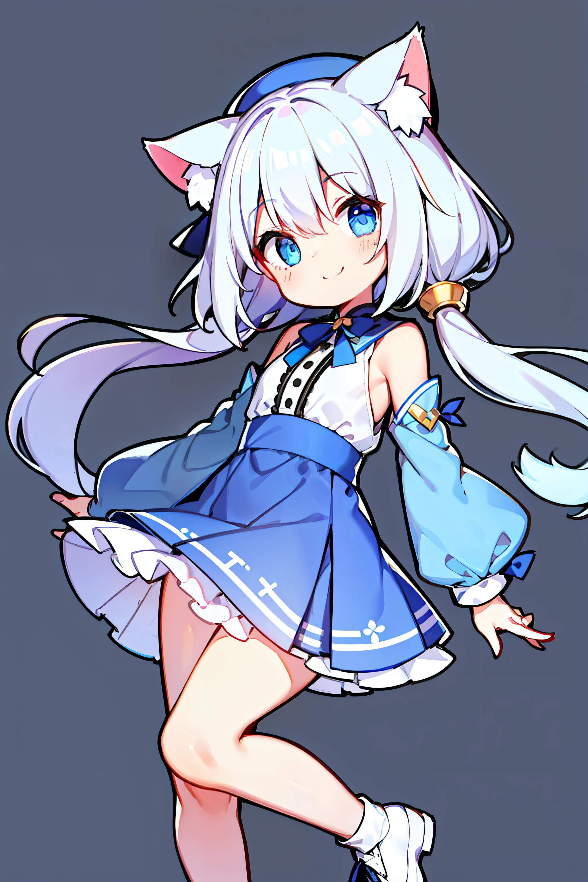Chattotori, 1girll, blue sleeve, 独奏,Cat ears, Separate the sleeves, full bodyesbian, ssmile, a skirt, looking at viewert, shift dresses, exposed bare shoulders, Bare legs, Beautiful detailed eyes, Be red in the face, standing on your feet, 鎖骨, No shoulder strap, Hats, footwear, leges, frilld, flatchest, short skirt, Bow knot, longer sleeves, arms at sides, beatiful background,
