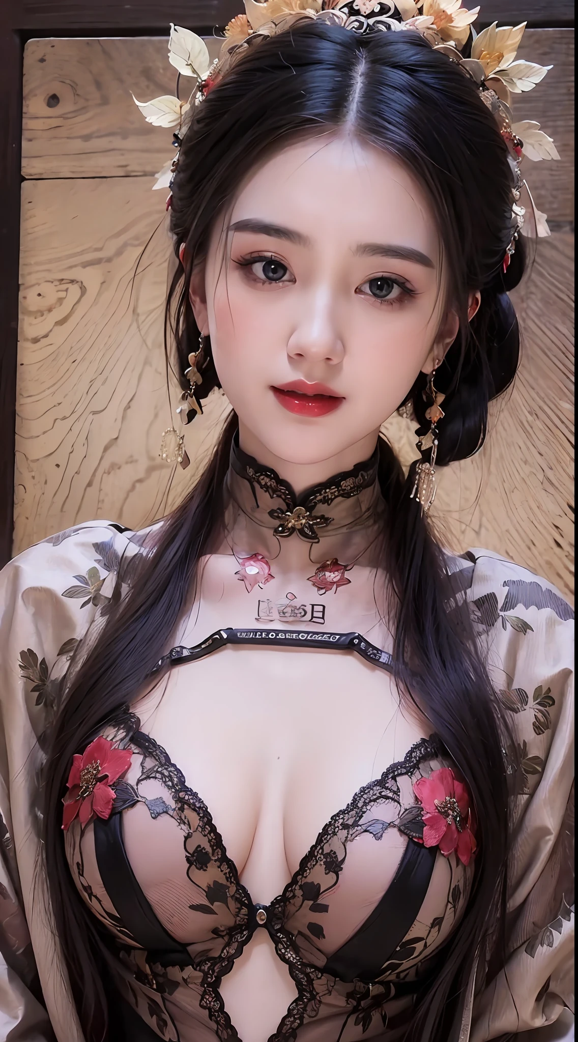 1 18-year-old girl is extremely pretty and graceful, masterpiece, highres, In the Dark: 1.6), Super realistic female portrait of David Hockney and Alphonse Mucha, realistic art, long silky black hair, double bangs, long pigtails on the back, chinese face, cute face, realistic girl, photorealism, dynamic lighting, artstation, volumetric lighting, very detailed faces, round face, ((round chin:1.9)), 8k ultra, Awarded, in the dark, deep shadow, low key, cowboy lens, red phoenix dress, bust, luxurious palace, hanfu style, crown, black eyes make up very sharp and detailed, face cleaning, the most beautiful face, Balanced teeth, bright white teeth, chinese pretty girl, the breasts are very big and round and round, breast augmentation, very tight breasts, Super realistic, chinese women's clothing, Charming smile, The eyes are very well made up, eye bags under wet makeup, guweiz, dunhuang style, wearing black mesh socks, long and neat black hair, double bangs, red lipstick, ((thick upper lip:0.6)), small and red lips, the landscape is overcast and thunderous, upper body portrait, Close-up of the main character, (Background details 1.8),HDR, UHD, 8k quality, detailed pixel, super realistic, ultra realistic, attractive girl,
