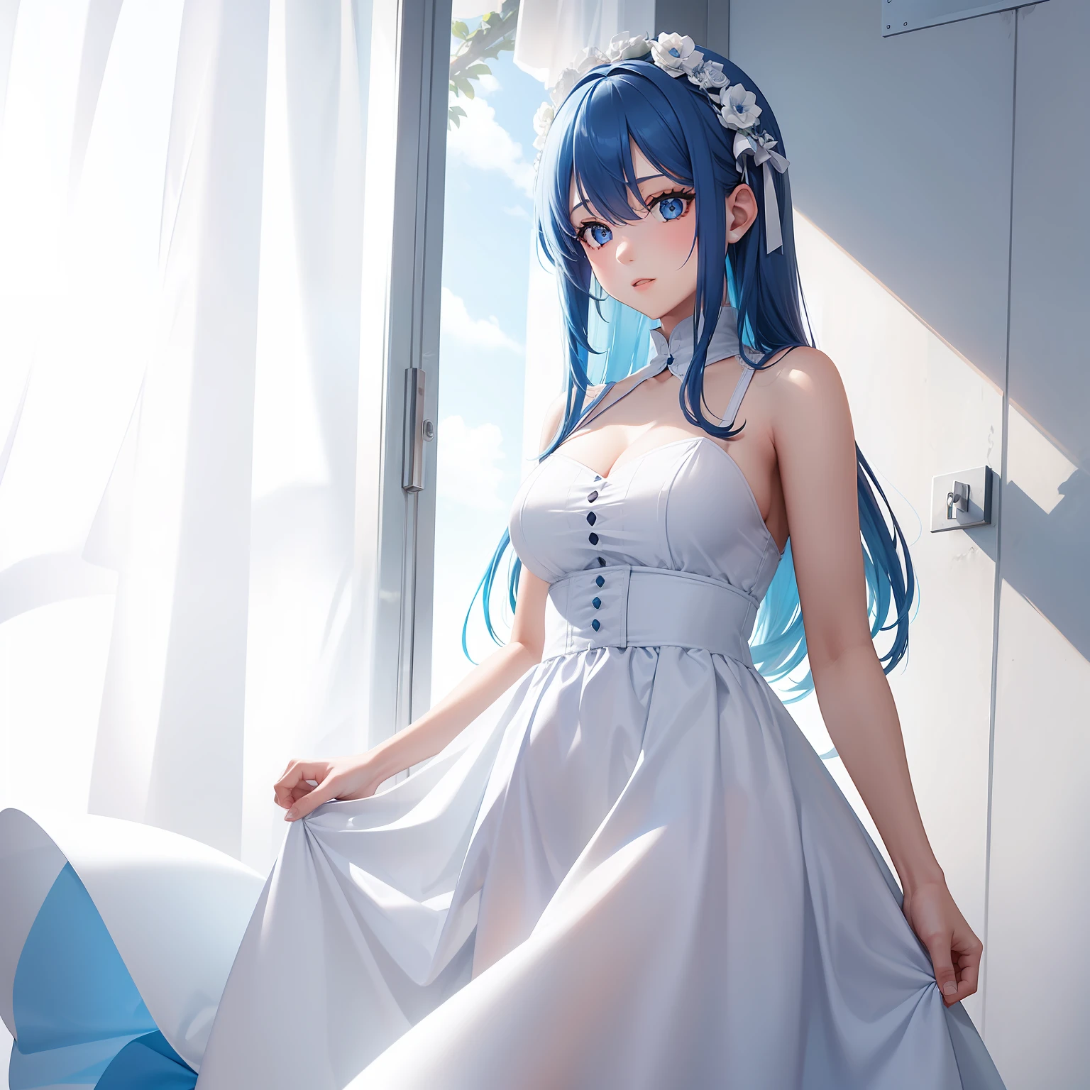 a women, blue hair, blue eyes, white dress