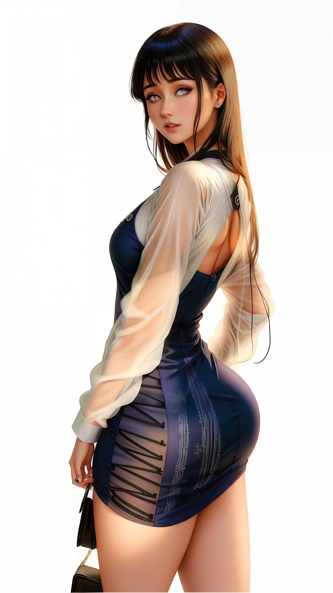 Hinata Hyuga em um vestido preto posando em uma varanda, vestido justo, vestido sexy, vestido skintight, usando um vestido preto apertado, roupa apertada, traje apertado, vestido rendado, 21 anos, minivestido curto, young female, bunda grande, pernas grossas