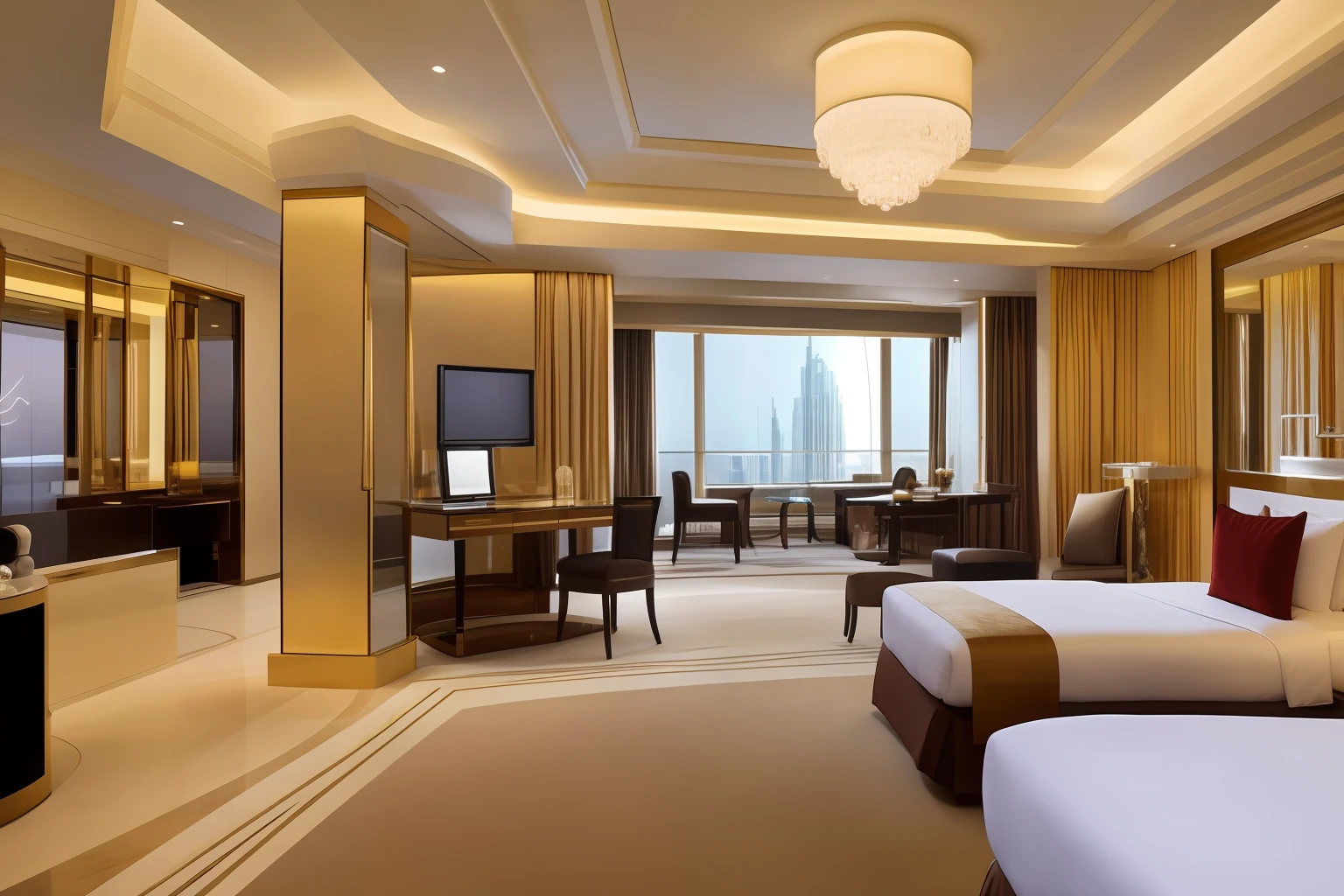Luxury 5 star hotel rooms in Dubai，There are beds，sofe，tables and chairs，Light chasing the clock，best qualtiy，best shadow