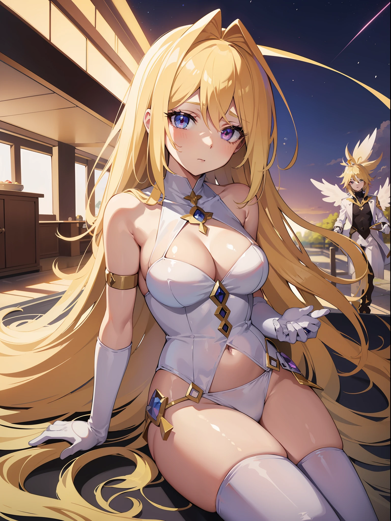 Mastemon is an angelic-looking and seductive Digimon. She has long, flowing blonde hair, asas brancas e vestimentas brancas adornadas com detalhes em rosa e dourado. His eyes are piercing and carry a mysterious and powerful aura.
