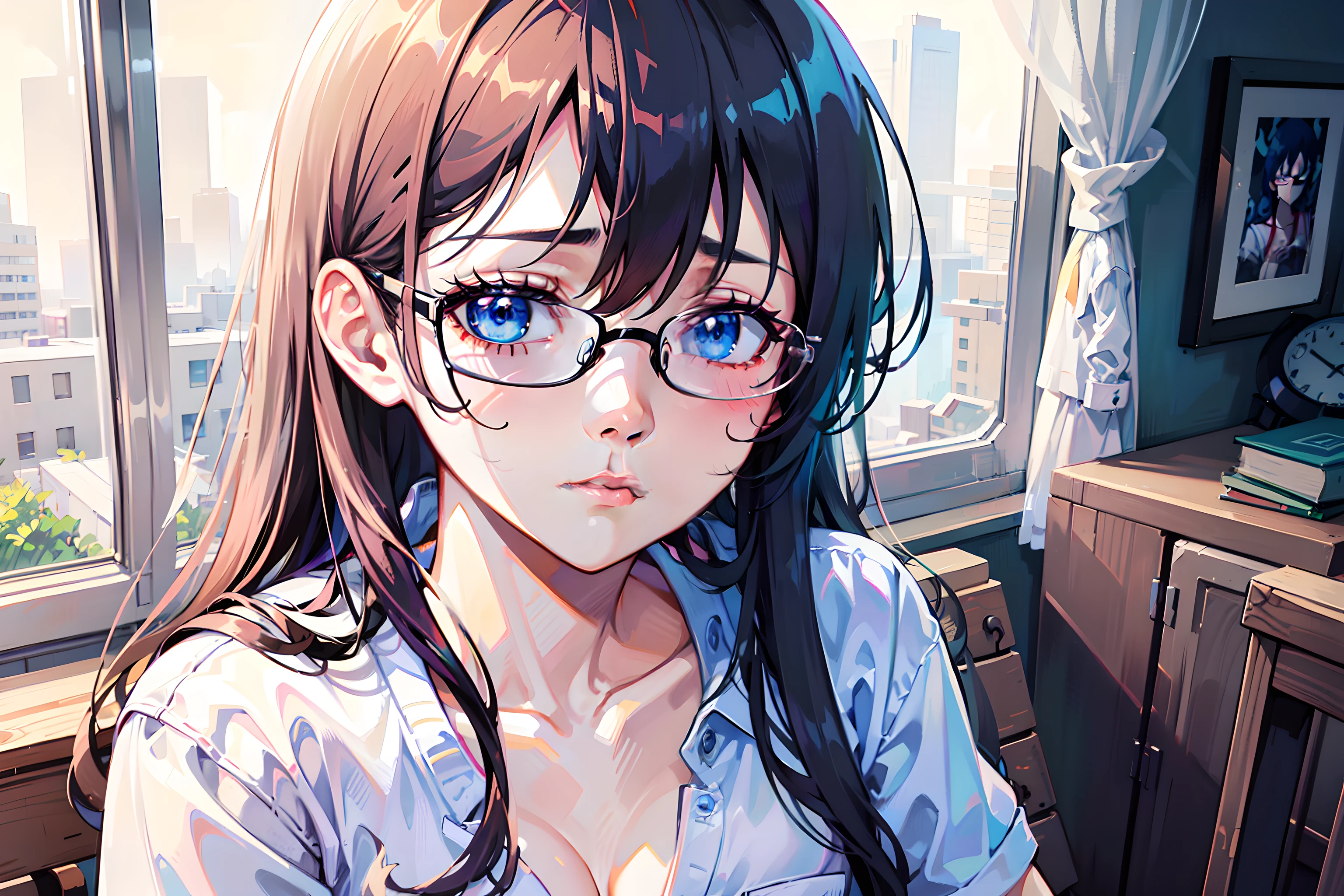 a college girl with glasses sitting ont the bench, white dyed hair, white shirt, c cup boobs, tired, bedroom, alone, lofi portrait, digital anime illustration, detailed digital anime art, anime portrait, anime moe artstyle, realistic anime art style, anime realism style, semirealistic anime style, anime character portrait, high quality anime artstyle