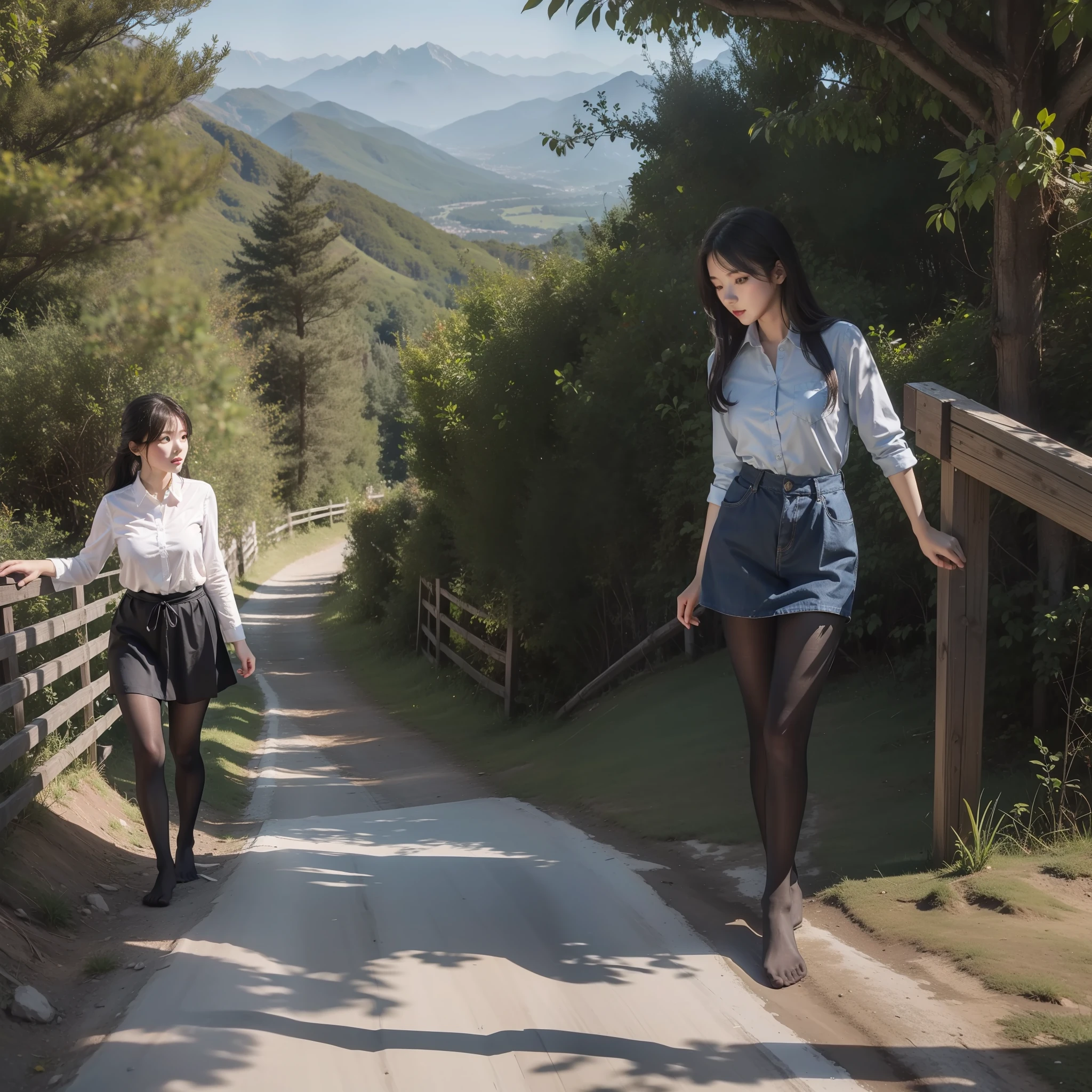 tmasterpiece，best qualtiy：1.4），Smooth movement，（2girls），（highest details），lacepantyhose，without wearing shoes，Whole body diagram，taking a walk，climbing mountain，Shade，mountain path