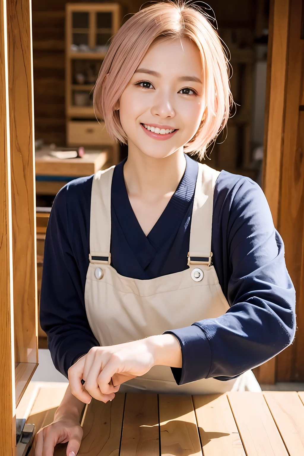 Best Quality, 超A high resolution,Photorealsitic,Beautiful carpenter girl in Japan、with round face、Smile,Light brown and pink striped hair,Straight short hair,poneyTail、hair pin、Japan Temple Carpenter Men's Uniform,Cutting wood with a planer on a woodworking shop workbench、Planing at scale、Beautiful fingertips、Sunlight、Movie Light、
