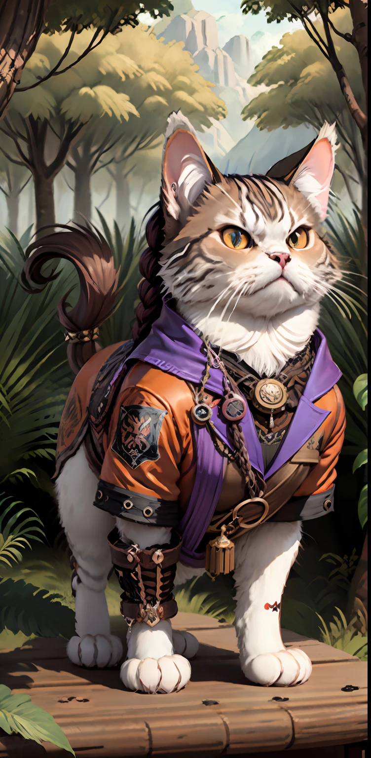 persian cat Anthropomorphic, steampunk ,, , studded leather jacket with intricate ornamentation orange and purple , pirate steampunk theme,, , highest quality,, very angry face, body fitness, full body, long hair with braids , in the forest