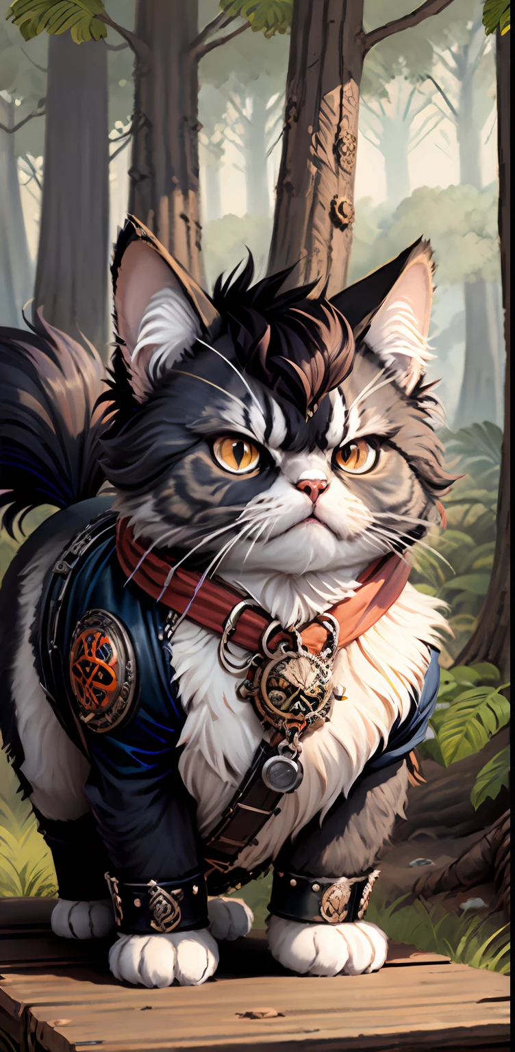 persian cat Anthropomorphic, steampunk ,, , studded leather jacket with intricate ornamentation orange and purple , pirate steampunk theme,, , highest quality,, very angry face, body fitness, full body, long hair with braids , in the forest