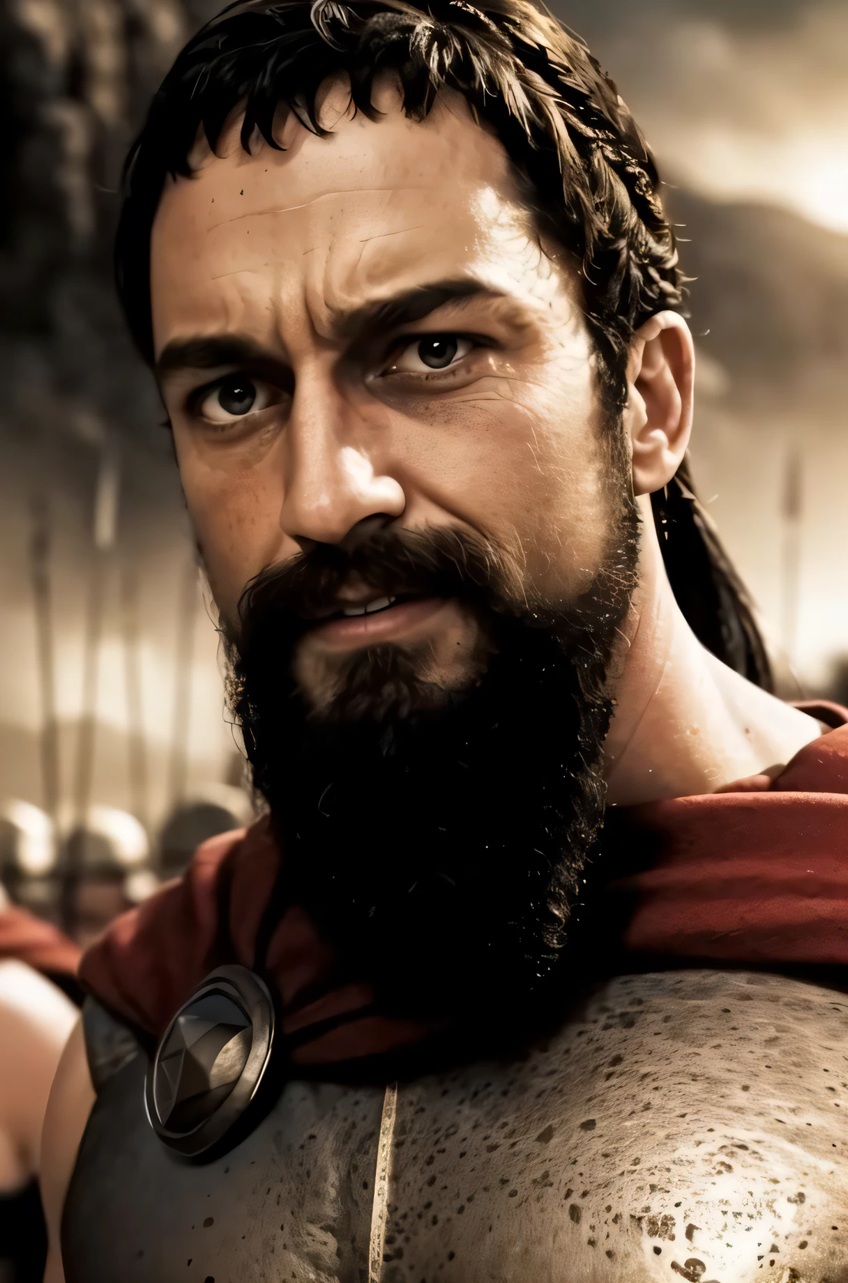 orange_sky, outdoors,ocean,cloud, cloudy_sky, desert, flock, horizon, mountain,sunset, water, Standing at attention, stand on beach,
standing in front of 300 of men in armor are walking,
red cape,armor,shoulder armor, armored boots, armored dress,
in a helmet,holding a shield,
beard,facial_hair,wrinkled_skin,
1 Man, 36yo, looking at viewer,(closed mouth:1.0),in the center of the image,
official art,extremely detailed CG unity 8k wallpaper, perfect lighting,Colorful, Bright_Front_face_Lighting,
(masterpiece:1.0),(best_quality:1.0), ultra high res,4K,ultra-detailed,
photography, 8K, HDR, highres, absurdres:1.2, Kodak portra 400, film grain, blurry background, bokeh:1.2, lens flare, (vibrant_color:1.2)