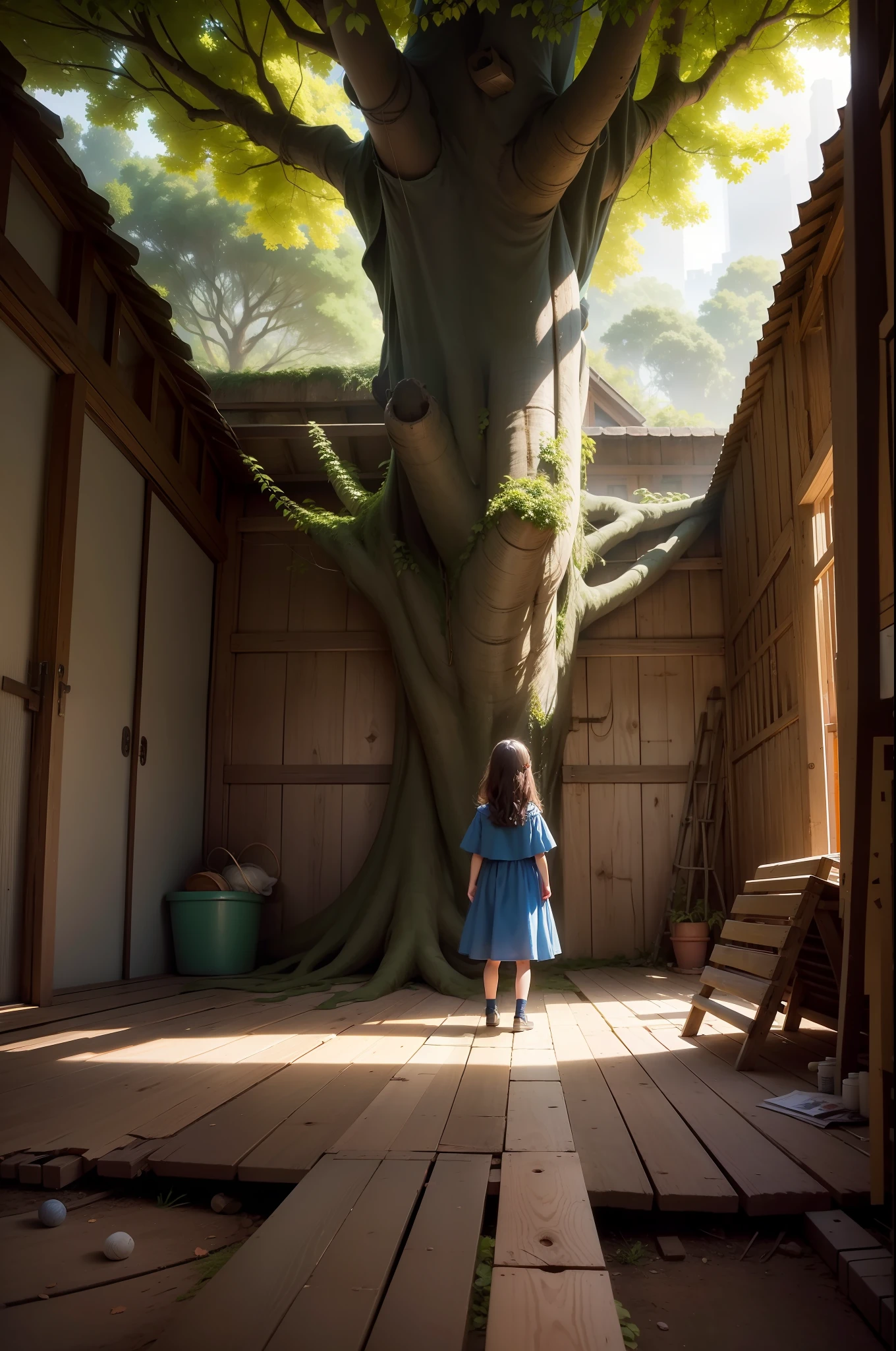 10-year-old child playing, personagem infantil, positioned with your back to the camera, the face does not appear, Cabelos Longos, longo vestido, vestido azul, Fluttering fabric,  feliz. Interior scenery of closed shed, Interior of the closed warehouse, Tree with swing growing in the center of the shed. livros. biblioteca. parede de tijolos. There is a large tree in a brick and wood building with a circular area, arte conceitual de luminosidade azulada, Children's aesthetics, giant tree, Large tree, Arte realista, detalhes intrincados, environment design illustration, Arte de Fantasia, the world tree, fantasy tree, large green tree, arte conceitual estilizada,