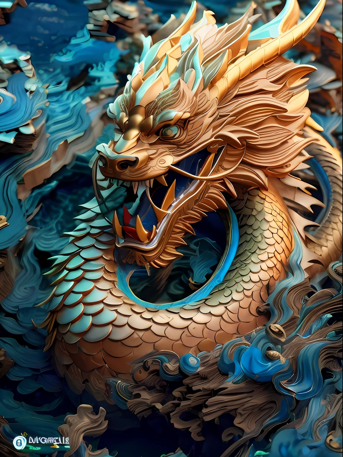 A dragon statue on a blue background，wave, cyan chinese dragon fantasy, Detailed digital 3D art, intricate ornate anime cgi style, smooth chinese dragon, Chinese Dragon, Highly detailed digital art, high detailed digital art, ultra detailed Digital art, 8K high quality detailed art, Golden dragon, chinese dragon concept art, majestic japanese dragon, dragon design language