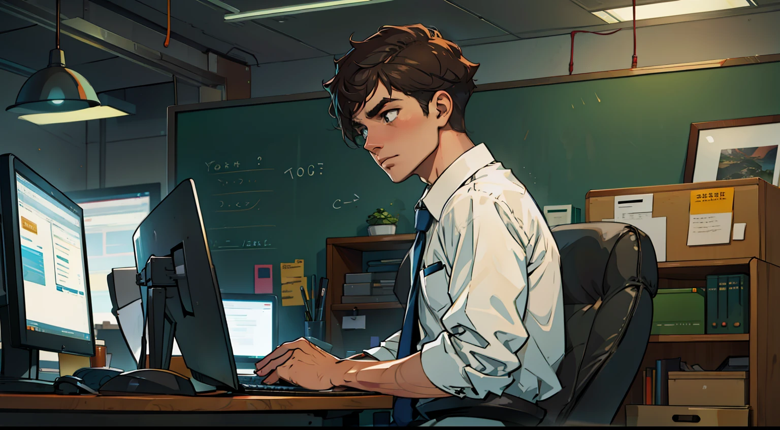 Working hard,office worker,At the office,Sit in a brain chair,Male leisure,Look closely at the computer,Short hair thinking