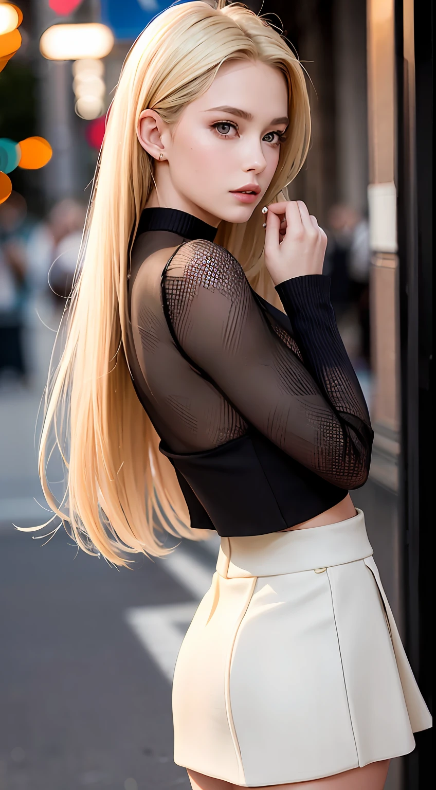 European and American women, A fashion model, Wear a cropped miniskirt, Glamour, paparazzi taking pictures of her, Blonde hair, Brown eyes, 8K, High quality, Masterpiece, Best quality, HD, Extremely detailed, voluminetric lighting, Photorealistic