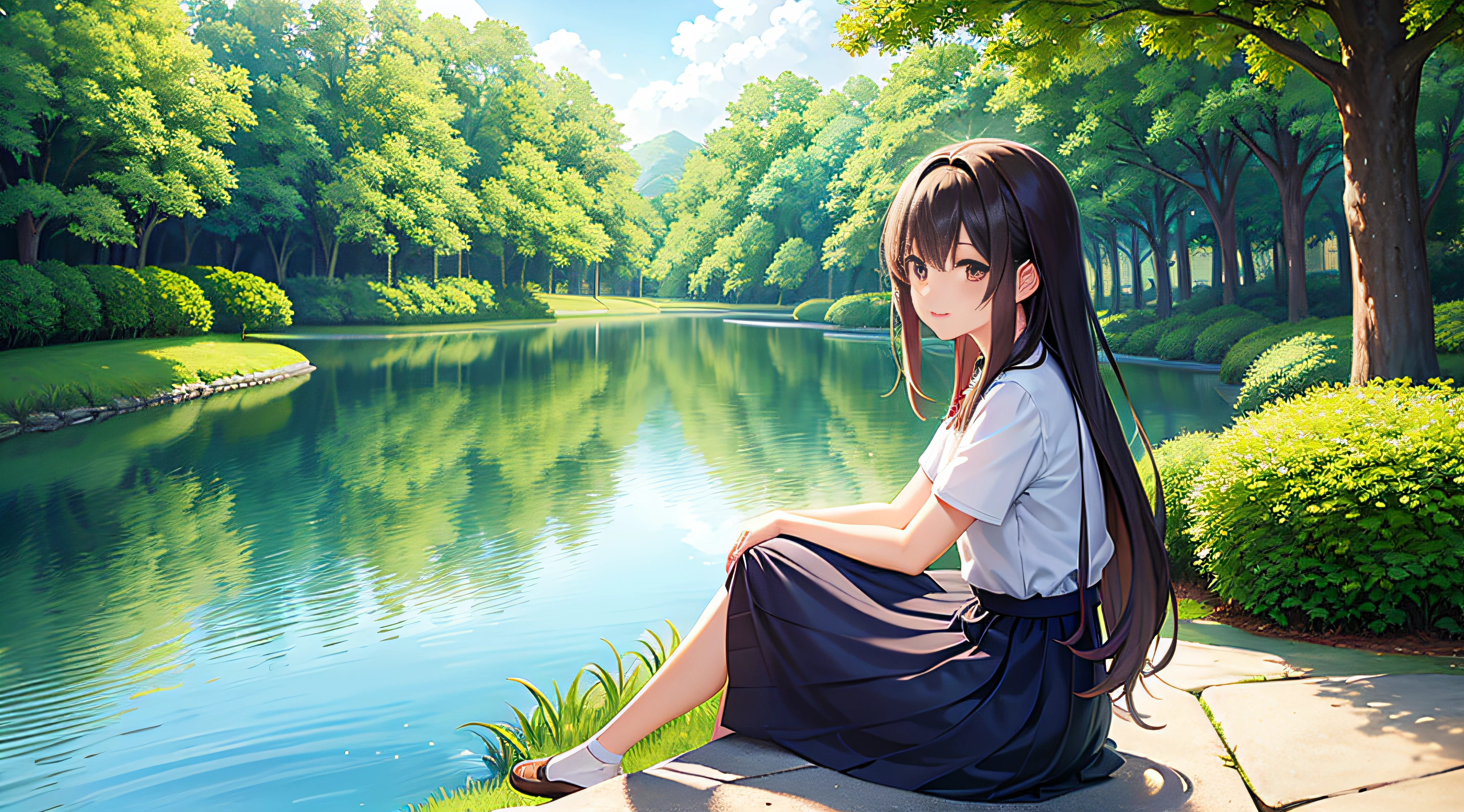 Anime girl sitting on bench in pond park, sitting at a pond, anime nature wallpap, anime beautiful peace scene, beautiful anime scenes, drawn in anime painter studio, anime lush john 8k woods, Anime background art, sittinng on the river, Anime girl walking on water, Anime Nature, koto no ha no niwa, beautiful anime scenery