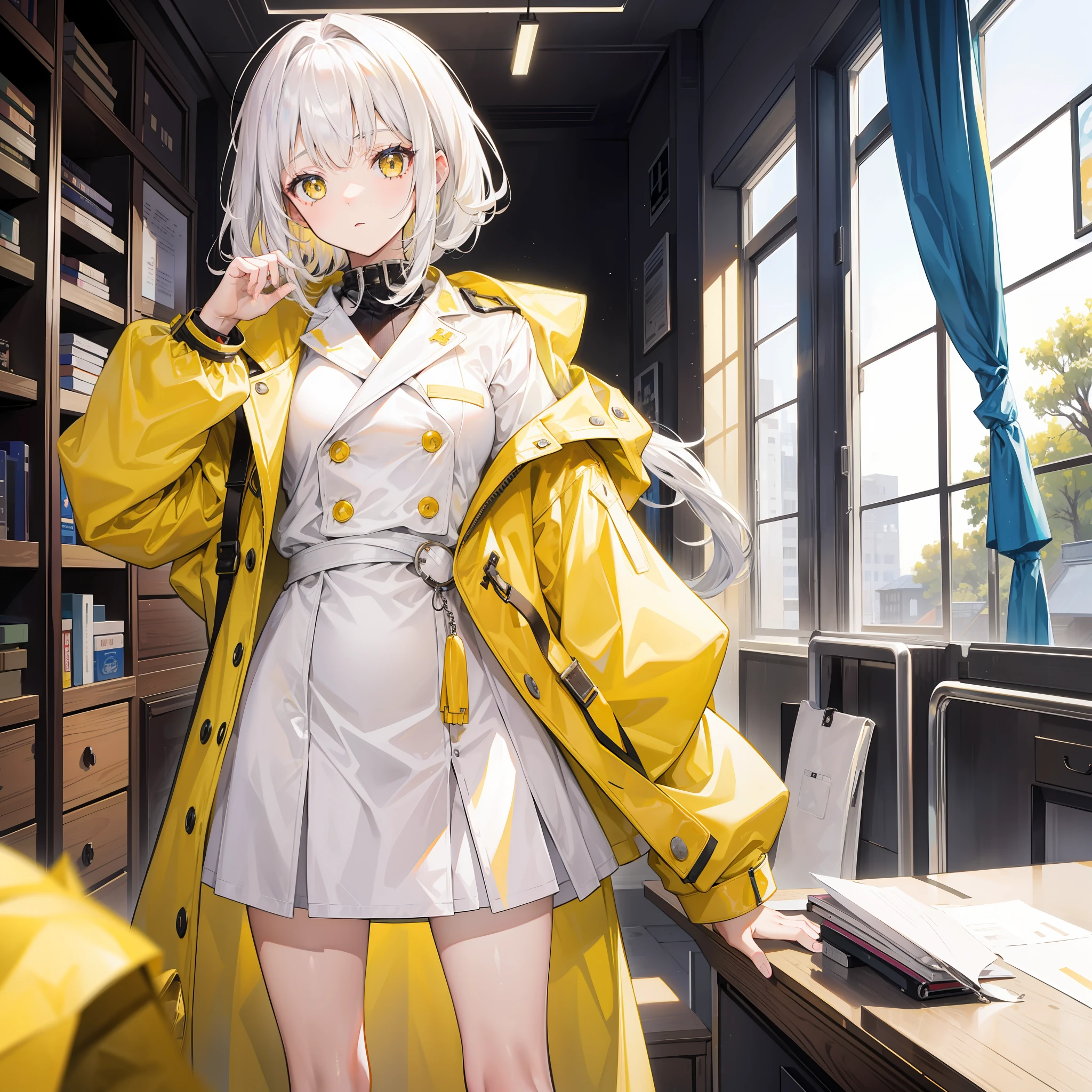 A teenage girl,White hair,Yellow trench coat,yellow-eyed,In the back room