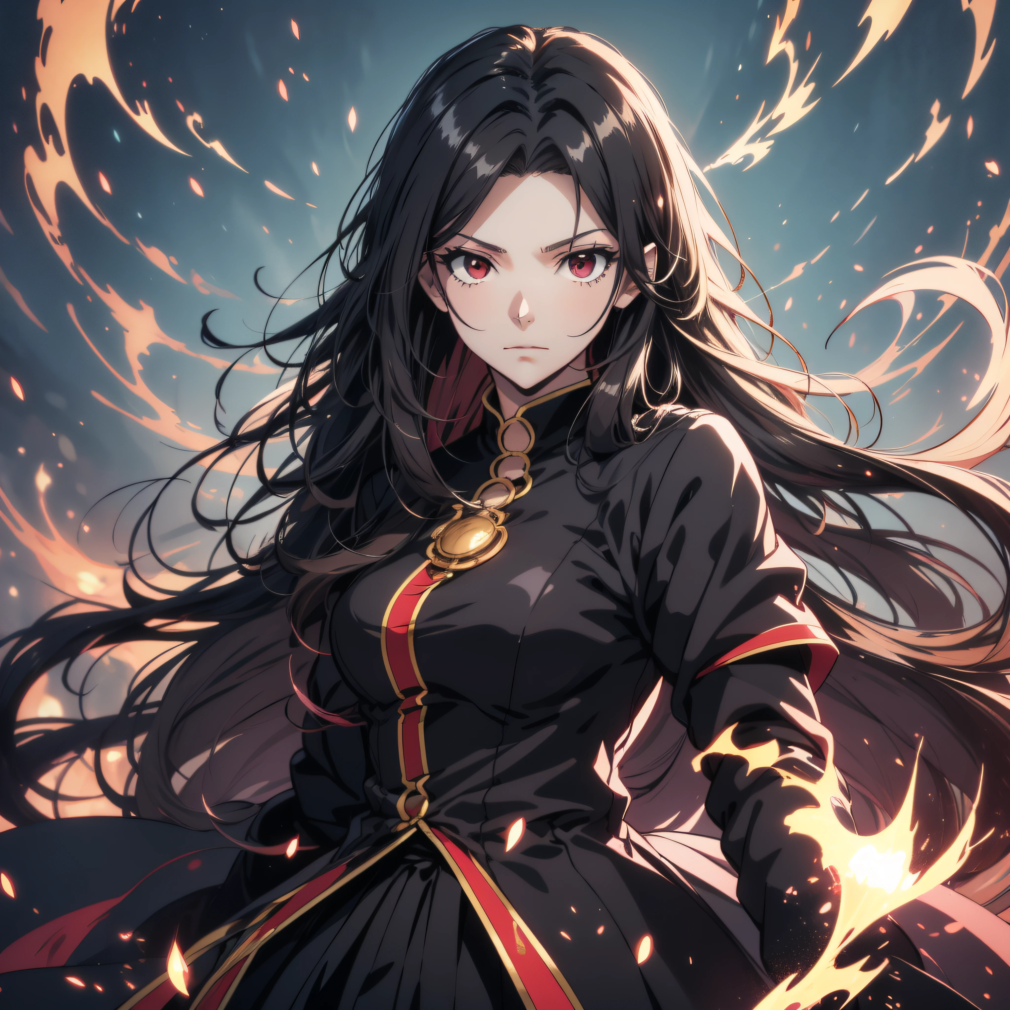 20 years old Anime girl, smooth anime artstyle, long raven hair, slightly wavy hair, parted bangs, black hair, Magus, red eyes, long black coat, white shirt, black skirt, aristocrat, noble attire, beautiful, ethereal, elegant, prestigious, dark background, particle effect, fire flame, lightning, standing, half body