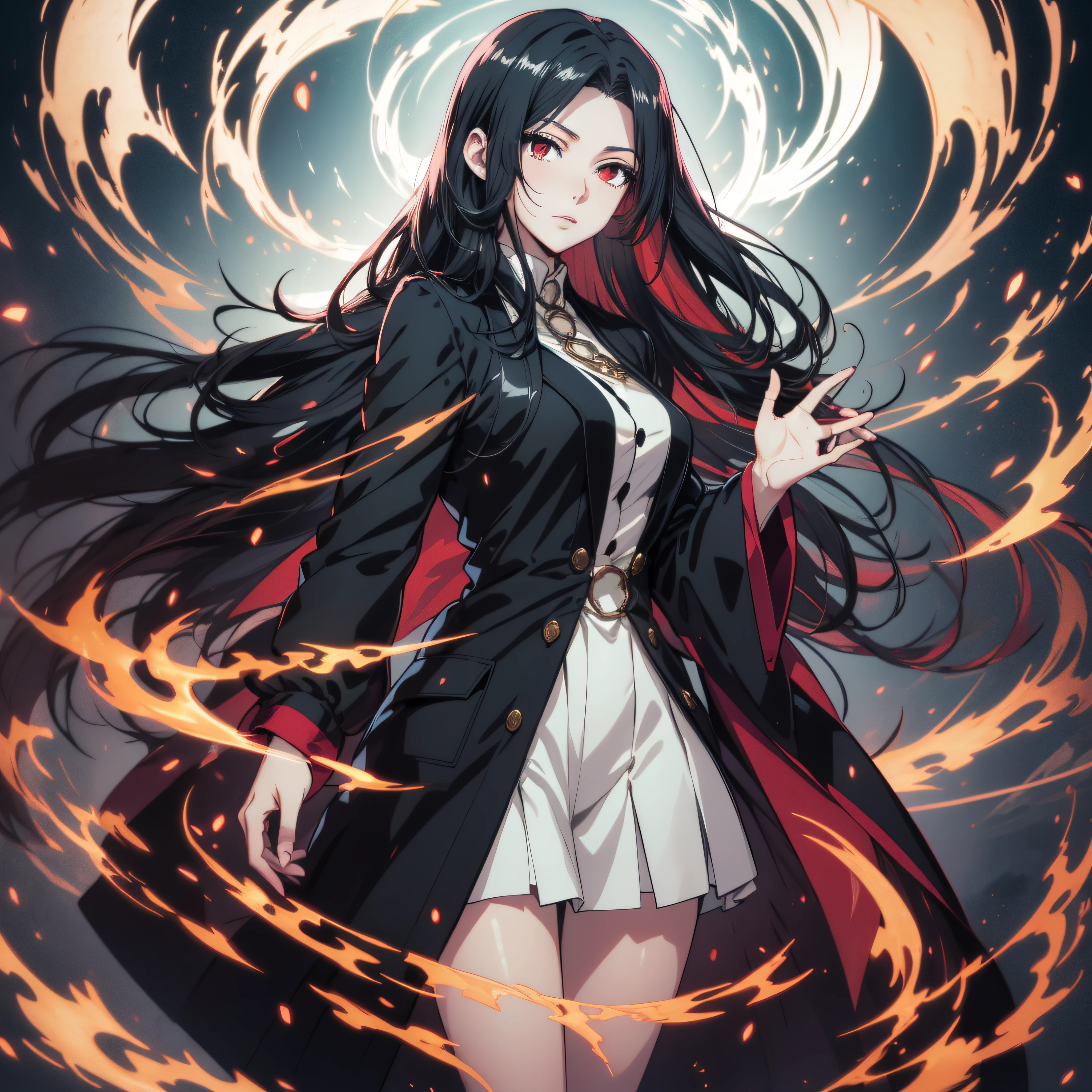 20 years old Anime girl, smooth anime artstyle, long raven hair, slightly wavy hair, parted bangs, black hair, Magus, red eyes, long black coat, white shirt, black skirt, aristocrat, noble attire, beautiful, ethereal, elegant, prestigious, dark background, particle effect, fire flame, lightning, standing, half body