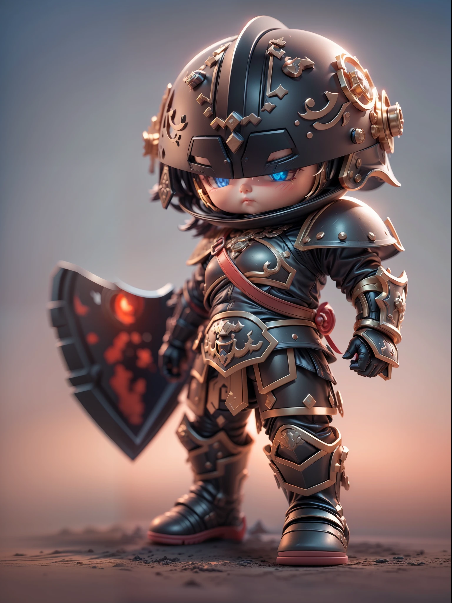 (Blind box toy style:1.2), (Full body shot) , (1 cute fat metal Barbarian)((solo)) Metal armor，Metal opaque helmet, Baroque style, dreamy glow, Clean, Black draft,red and blue style，(circular base） ( Global illumination, Ray traching, hdr, unreal render,reasonable design, high detal, Masterpiece, Best quality, hyper HD, Cinematic lighting)