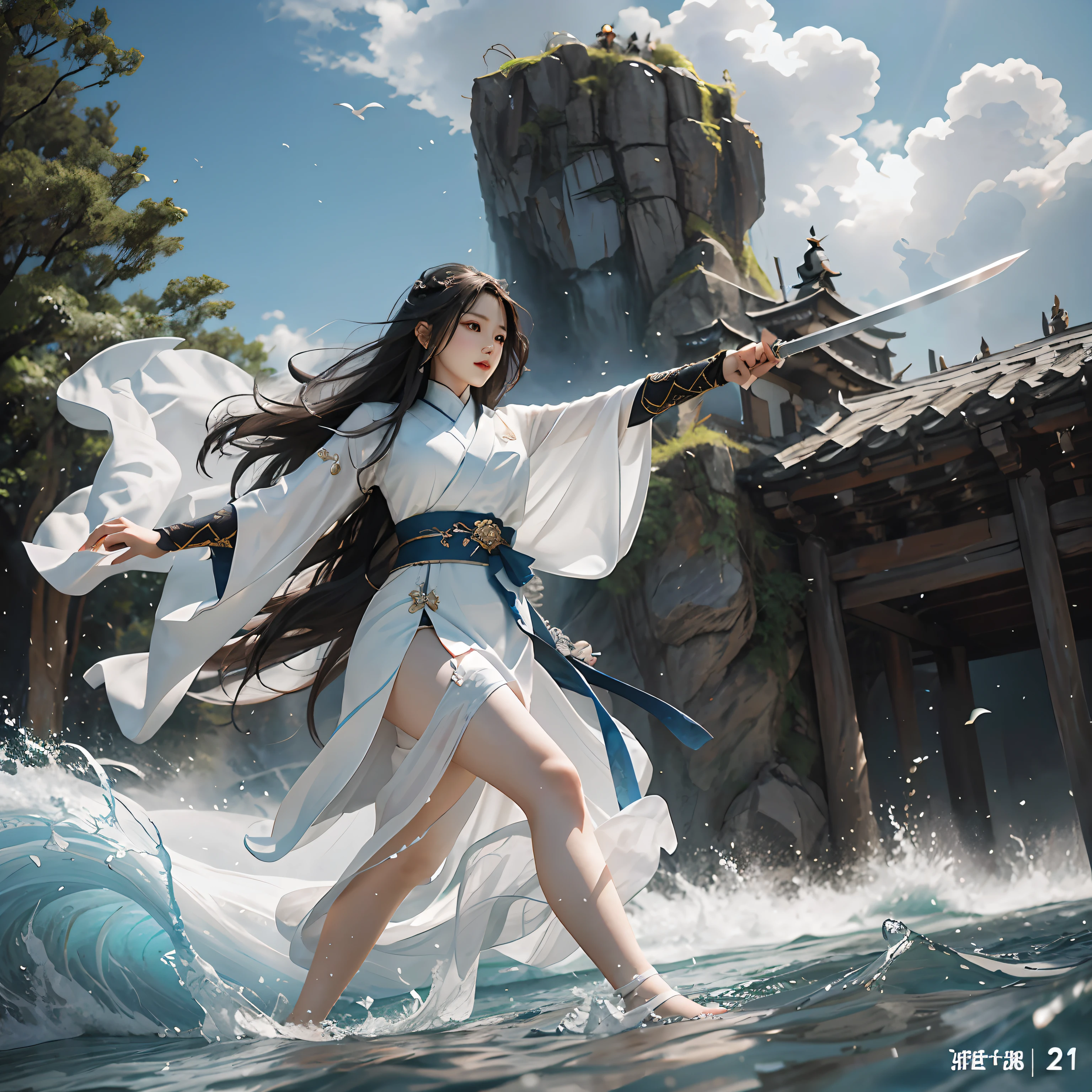 A woman in a white dress holds a sword by the river by the cliff, closeup fantasy with water magic, by Yang J, flowing hair and long robes, Flowing costume robes, Flowing white robe, 3D CGI fantasy artwork, Flowing robes, Artgerm and Atey Ghailan, author：Wang Lei, queen of the sea mu yanling，((4K,Masterpiece,Best quality)),lotuses, Hanfu, maxikit, Dress conservatively ，Solo, Blue long hair,flowy，knight-errant，sword，Walk in righteousness，knight-errant，Wield a sword，Combat defense，martial art pose，Kung Fu Movements，Wave weapons，Bigchest，Thin waist and thick hips，Charming，Moving，Enchanted，seductiv，Impeccable，prette，Fine，National style💘，Martial arts style，juicy legs，Hanfu elements，classical，nice hand，delicated，the detail，Texture，changing winds and clouds，Big waves，Surge forward，Flying sword surrounding，Swords，（Detailed hand movements），Delicate hands，（Sword effect：1.5），（Detail sword），（Detailed so detail point），