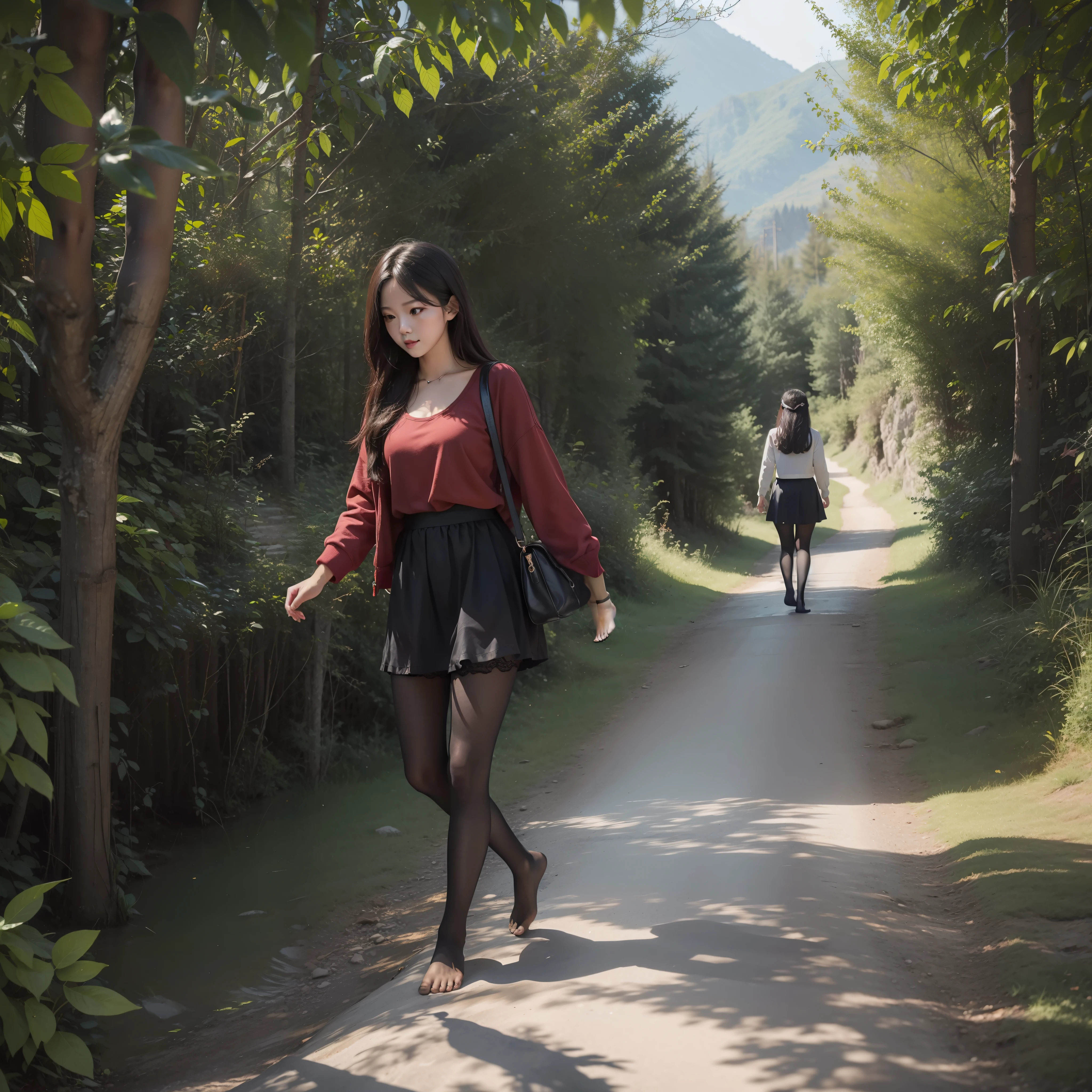 tmasterpiece,best qualtiy:1.4),Smooth movement,(2girls),(highest details),lacepantyhose,without wearing shoes,Whole body diagram,taking a walk,climbing mountain,Shade,mountain path
