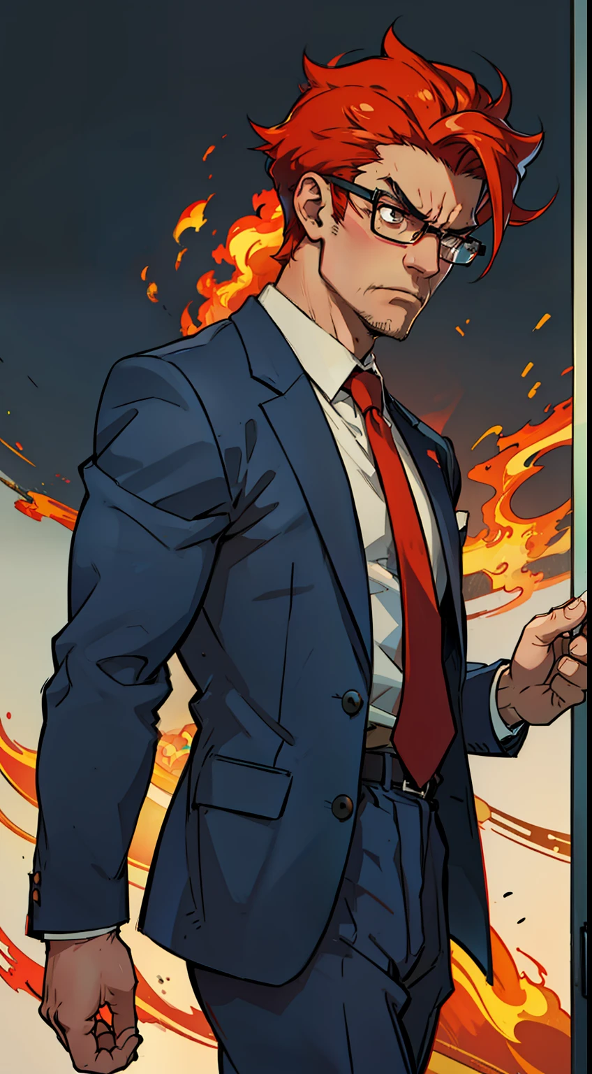 Angry middle-aged male,POMO,Office tantrums,Angry,Put on a handsome suit,At the office。Wear glasses,whaite hair,vred,Background of fire