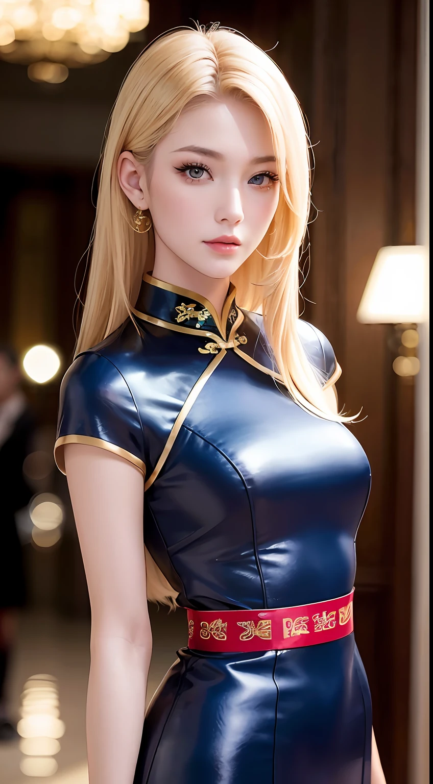 European and American women, A fashion model, wearing cheongsam, Glamour, paparazzi taking pictures of her, Blonde hair, Brown eyes, 8K, High quality, Masterpiece, Best quality, HD, Extremely detailed, voluminetric lighting, Photorealistic