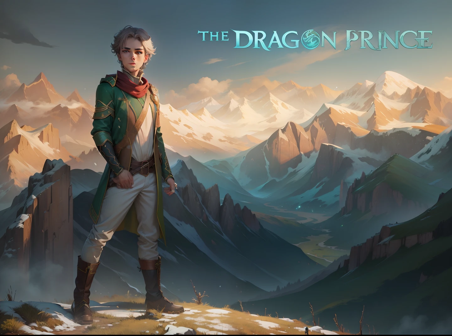 Boy become prince callem from The Dragon Prince Netflix series, Snow mountain's on background, he stand on green mountain, inspired by Netflix dragon Prince series, Realistic and enhance, Prince look beautiful, 8k
