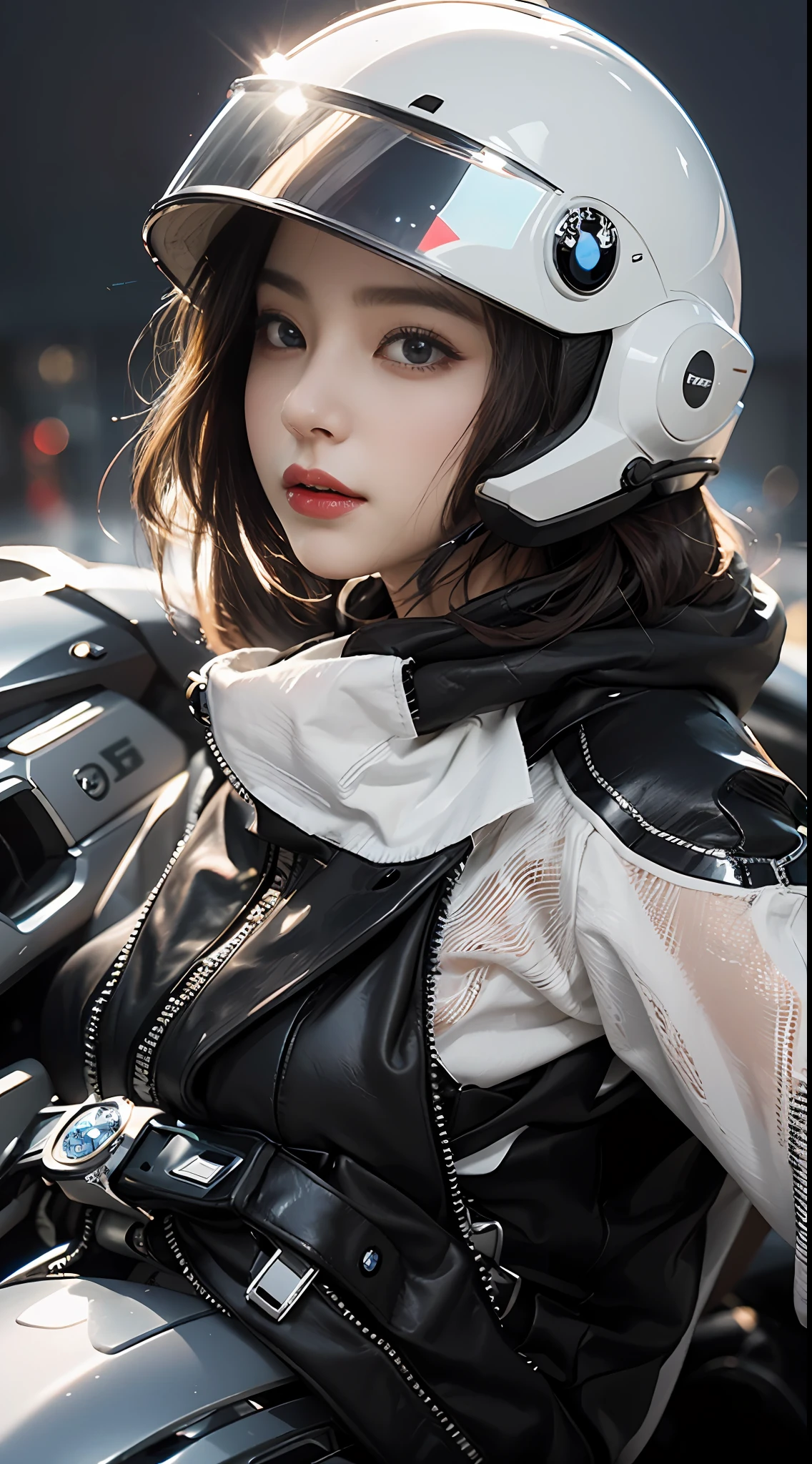 The highest image quality，Excellent detail，超高分辨率，（真实感：1.4），The best illustrations，Favor detail，Cinematic lighting，Highly concentrated 1girl，exquisite and beautiful face，huge boob，Sexy wearing white powder mech，Wearing a pilot's mech helmet，Hold the direction controller，(BMW 750cc motorcycle)，riding a motorcycle，the background is a high-tech lighting scene of the city of the future。Detailed eyes，detailed nose，Detailed lips，Slender thighs，(Ultra realistic leather plastic texture)