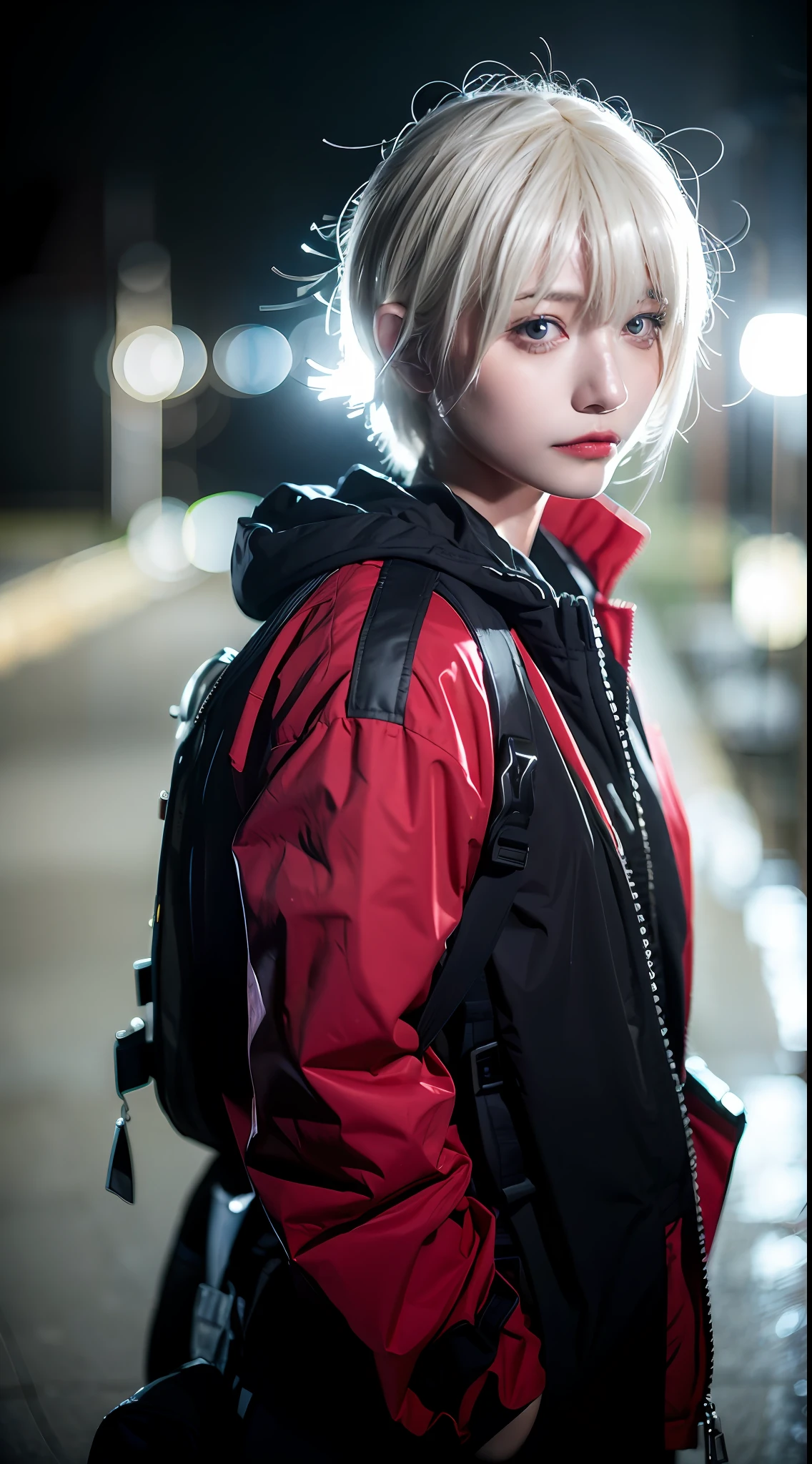 1girl, helmet, hood, solo, spacesuit, short_hair, bangs, jacket, upper_body, white_hair, bag, blurry, coat, grey_eyes, blurry_background, backpack, zipper, urban techwear,