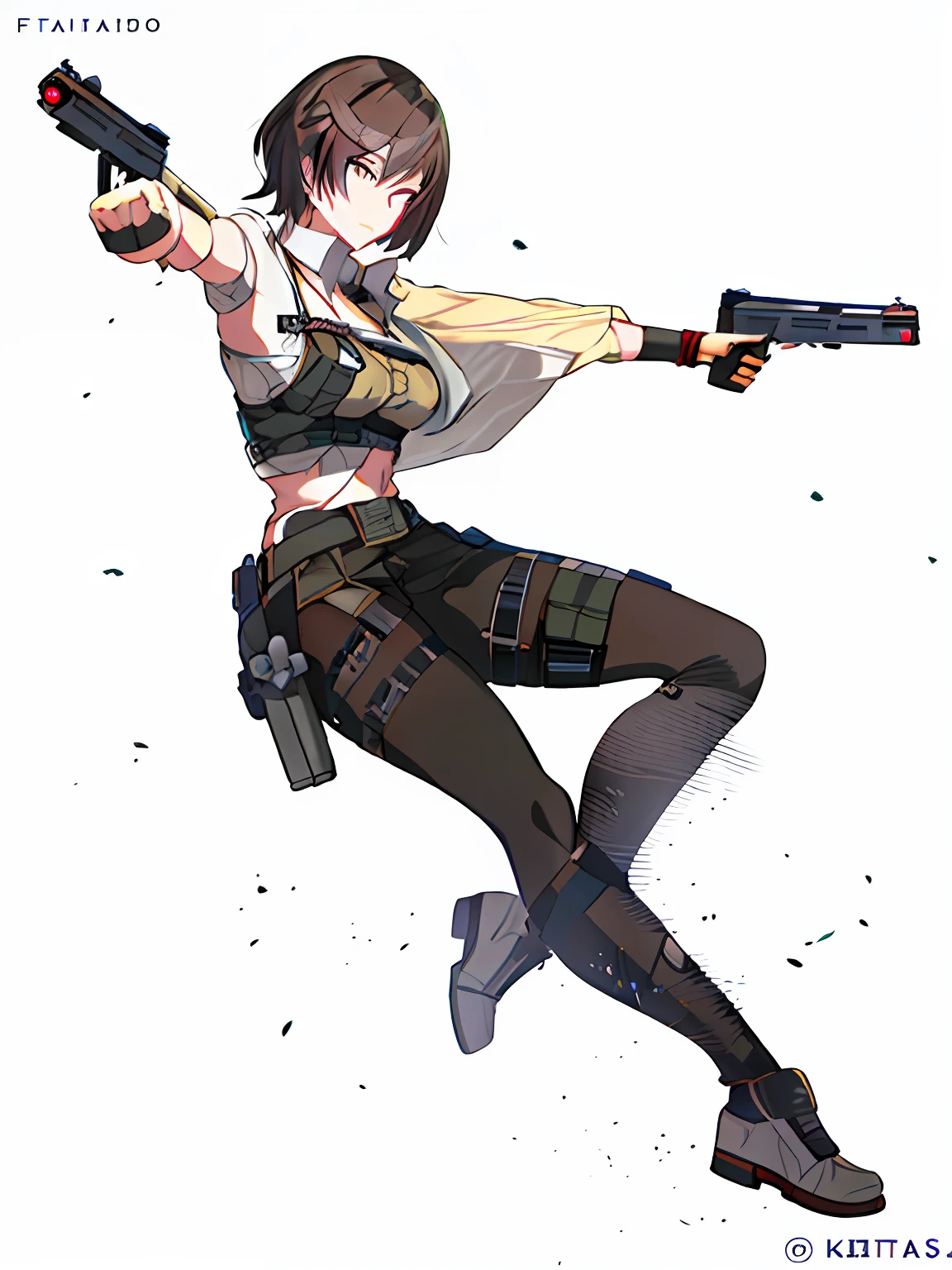A woman with a gun in her hand is flying, Female protagonist 👀 :8, from girls frontline, badass posture, thicc, dramatic wielding gun pose, Female action anime girl, photoshoot poses, author:Kitasan Okada, with pistol, quiet from metal gear solid, female anime character, From Metal Gear, fighter pose, character is in her natural pose