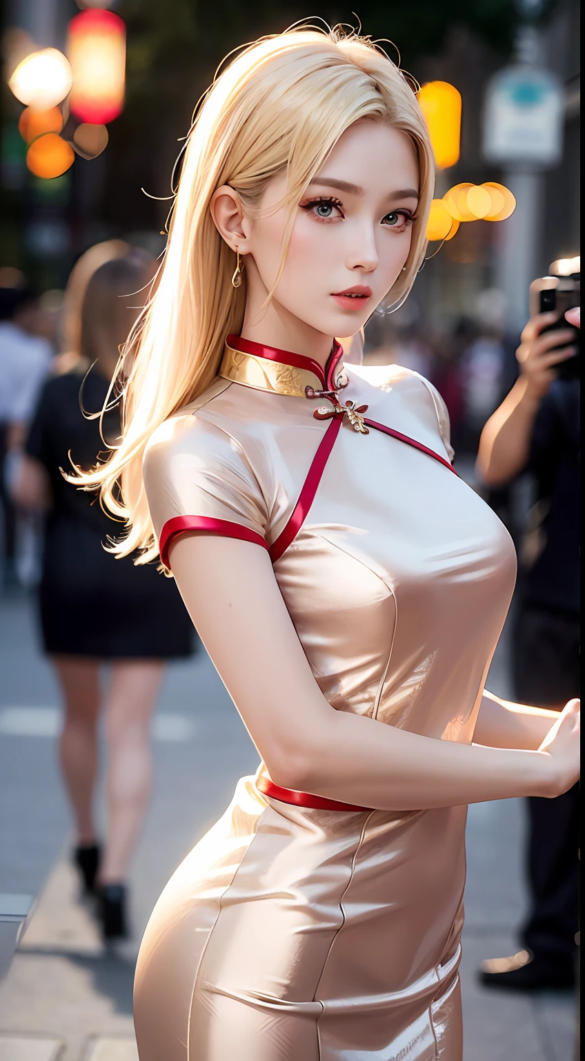 European and American women, A fashion model, wearing cheongsam, Glamour, paparazzi taking pictures of her, Blonde hair, Brown eyes, 8K, High quality, Masterpiece, Best quality, HD, Extremely detailed, voluminetric lighting, Photorealistic