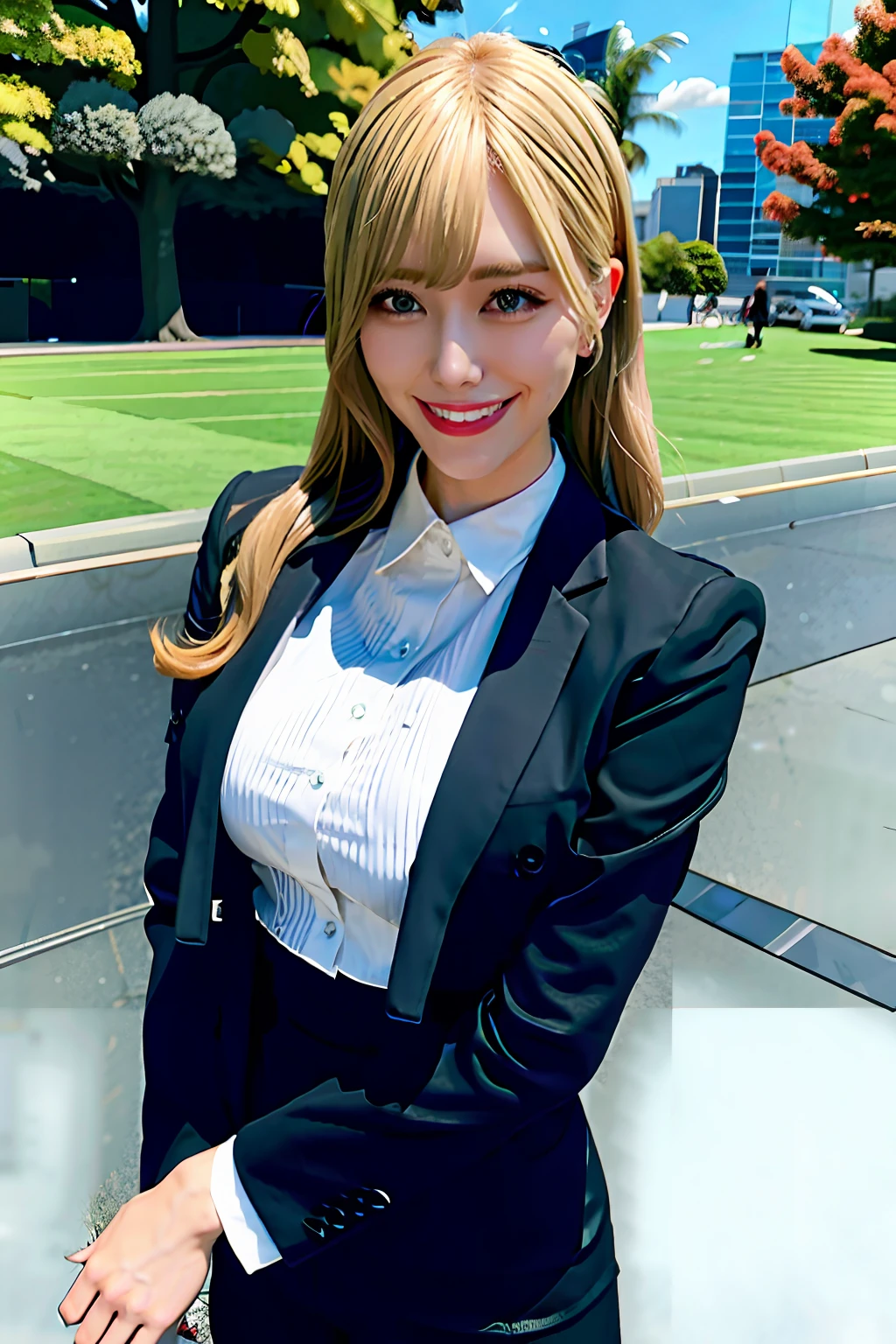 wears a black suit、Cute blonde、huge-breasted、thin-waist、Big ass、Happy smile、a park