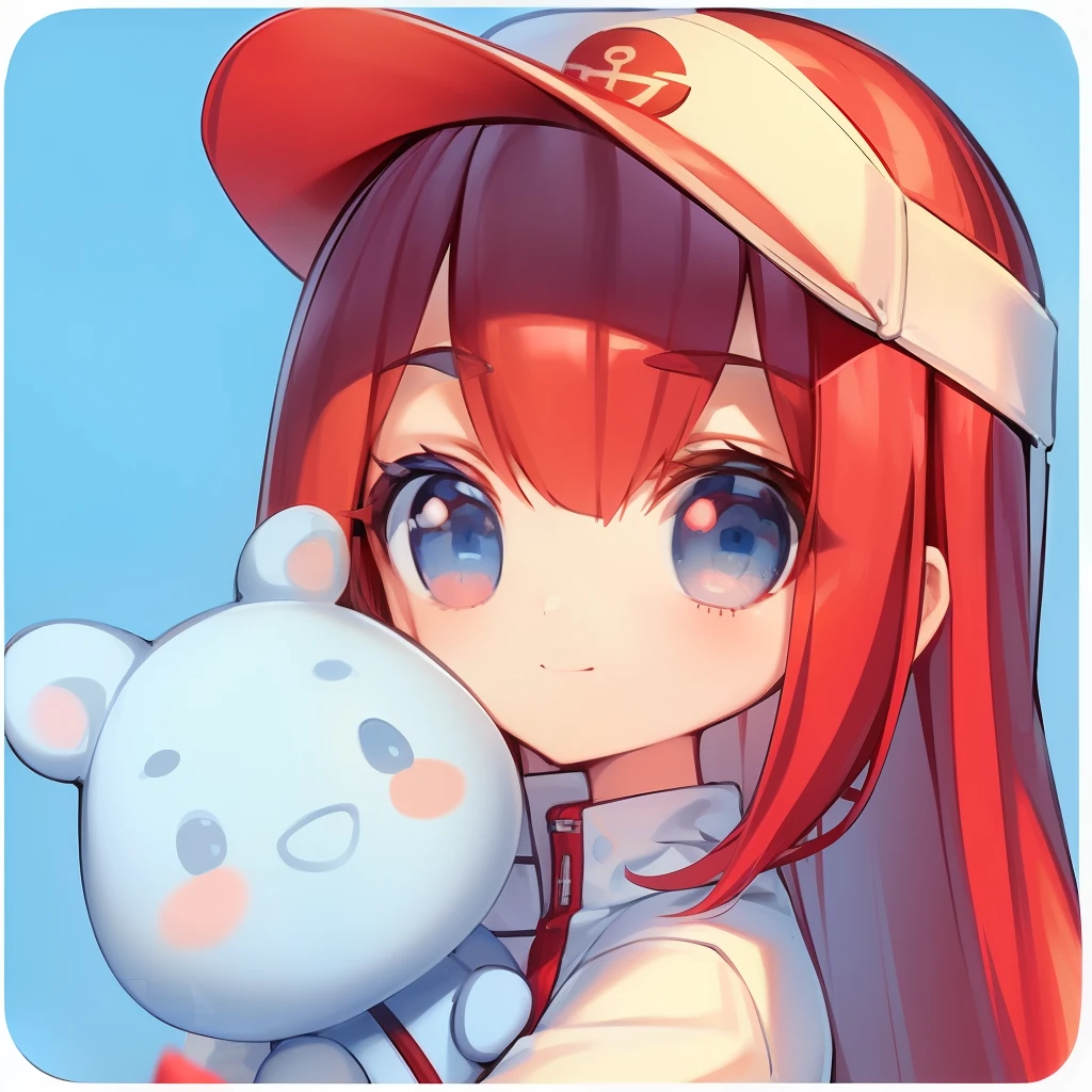 masterpiece、detaileds、Soft lighting、Long Redhead Girl、Blue-eyed chibi、white backgrounid、simple background、(((tennis coat)))、(((Red Tennis Wear)))、Hot summer Sunday、portlate、facial close-up、icons、ssmile、sun visor