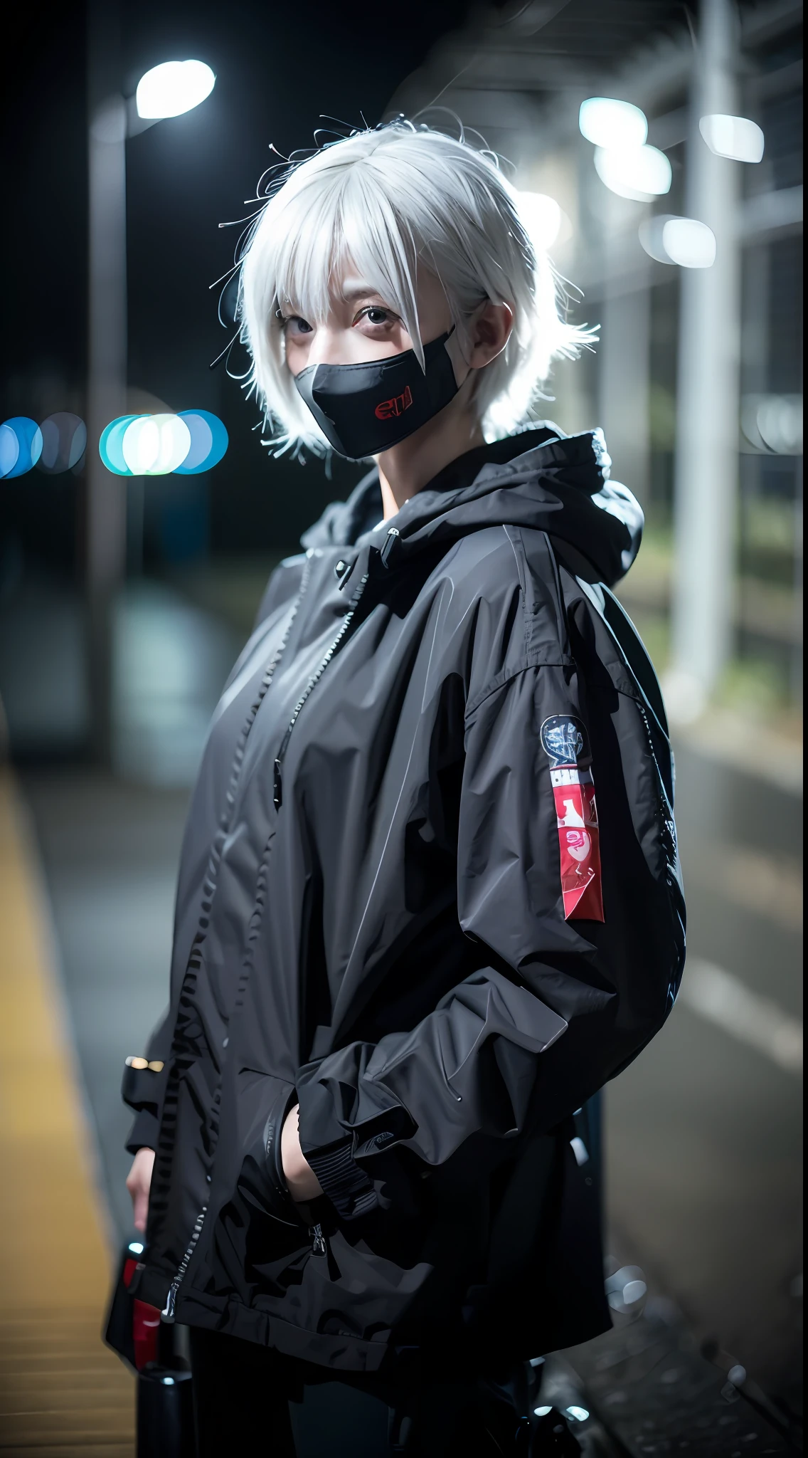 1girl, helmet, hood, solo, spacesuit, short_hair, bangs, jacket, upper_body, white_hair, bag, blurry, coat, grey_eyes, mask, blurry_background, backpack, zipper, urban techwear,