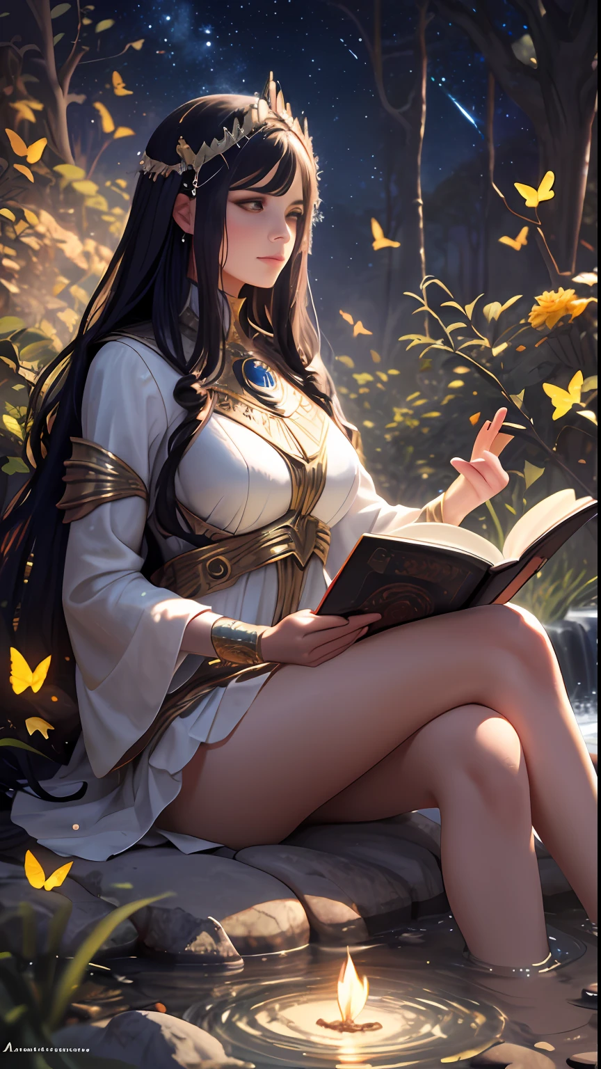 Goddess of the Moon perfect face, sitting on a rock in the forest, reading a magical book, with a stream flowing at her feet, with lit candles illuminating the whole stream, realistic face, flowers and butterflies, R.Giger, WLOP, Artgerm, abstract art, intricate watercolor painting, digital painting, explosion of colors, conceptual art, volumetric lighting, metallic reflections, swirls of glitter, Deco glow, dripping liquid stars and galaxies, 3D render, 8k. Milkyway Galaxy, trend in artstation