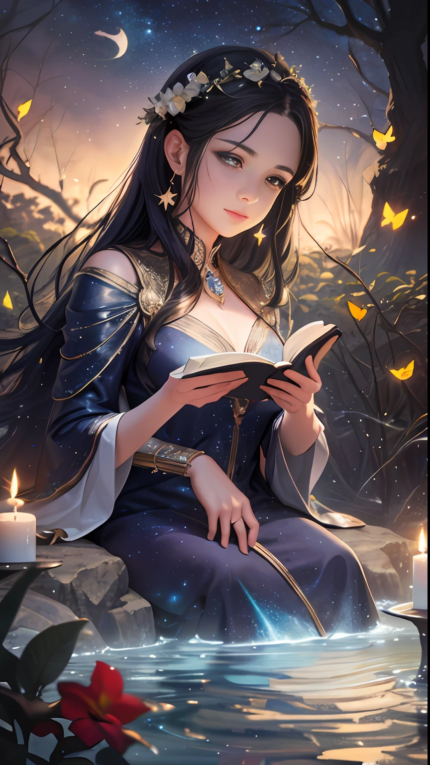 Goddess of the Moon perfect face, sitting on a rock in the forest, reading a magical book, with a stream flowing at her feet, with lit candles illuminating the whole stream, realistic face, flowers and butterflies, R.Giger, WLOP, Artgerm, abstract art, intricate watercolor painting, digital painting, explosion of colors, conceptual art, volumetric lighting, metallic reflections, swirls of glitter, Deco glow, dripping liquid stars and galaxies, 3D render, 8k. Milkyway Galaxy, trend in artstation