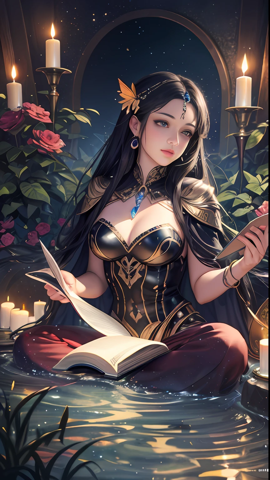 Goddess of the Moon perfect face, sitting on a rock in the forest, reading a magical book, with a stream flowing at her feet, with lit candles illuminating the whole stream, realistic face, flowers and butterflies, R.Giger, WLOP, Artgerm, abstract art, intricate watercolor painting, digital painting, explosion of colors, conceptual art, volumetric lighting, metallic reflections, swirls of glitter, Deco glow, dripping liquid stars and galaxies, 3D render, 8k. Milkyway Galaxy, trend in artstation
