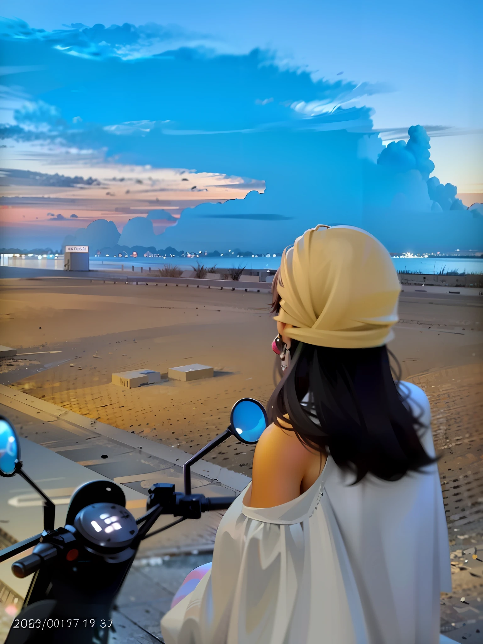 Woman on motorbike looking at beach at sunset, With sunset, at beach at sunset, watching the sunset, on the beach during sunset, riding on the moped scooter, at the sunset, Sunset view, Summer evening, with a sunset, Sunset!, Sunset!!!, deep in the night, watching the sunset, at the beach on a sunset