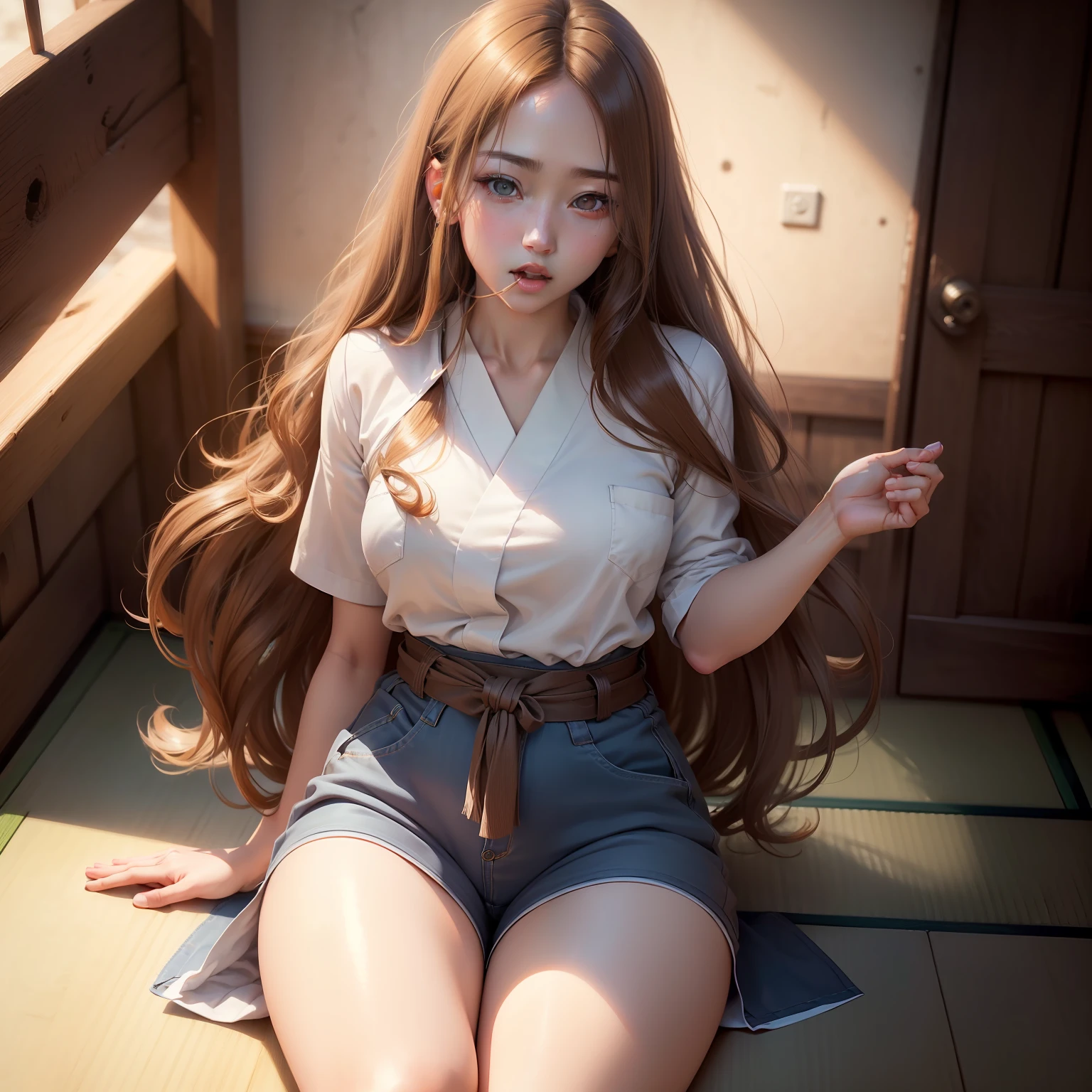 best quality, ultra high resolution, (photorealistic:1.4), 8k resolution, girl, (brown random hair:1.3), (realistic hair:1.2), (japanese girl:1.2), (realistic eyes:1.2), (beauty face:1.3), perfect body, white pale skin, blue Shirt, knee pants, (mouth open:1.2), (eyes looked up:1.3)