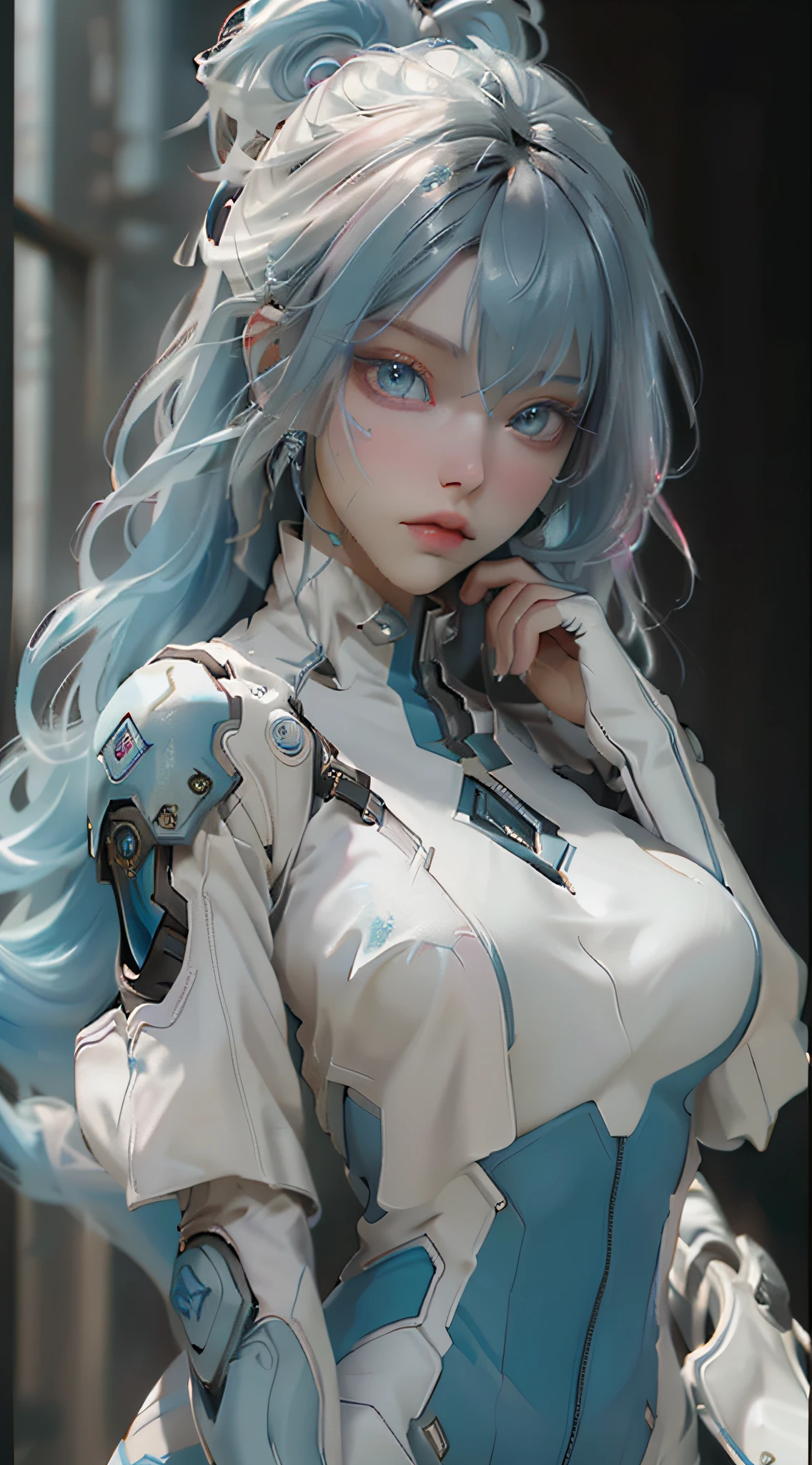 ((best qualtiy)), ((tmasterpiece)), (the detail:1.4), 3D, A beautiful cyberpunk female image,blue hairs，Pink eyes，white colored eyelashes，HDR（HighDynamicRange）,Ray traching,NVIDIA RTX,Super-Resolution,Unreal 5,Subsurface scattering、PBR Texture、post-proces、Anisotropy Filtering、depth of fields、maximum definition and sharpness、Many-Layer Textures、Albedo e mapas Speculares、Surface Coloring、Accurate simulation of light-material interactions、perfectly proportions、Octane Render、Two-colored light、largeaperture、Low ISO、White balance、the rule of thirds、8K RAW、