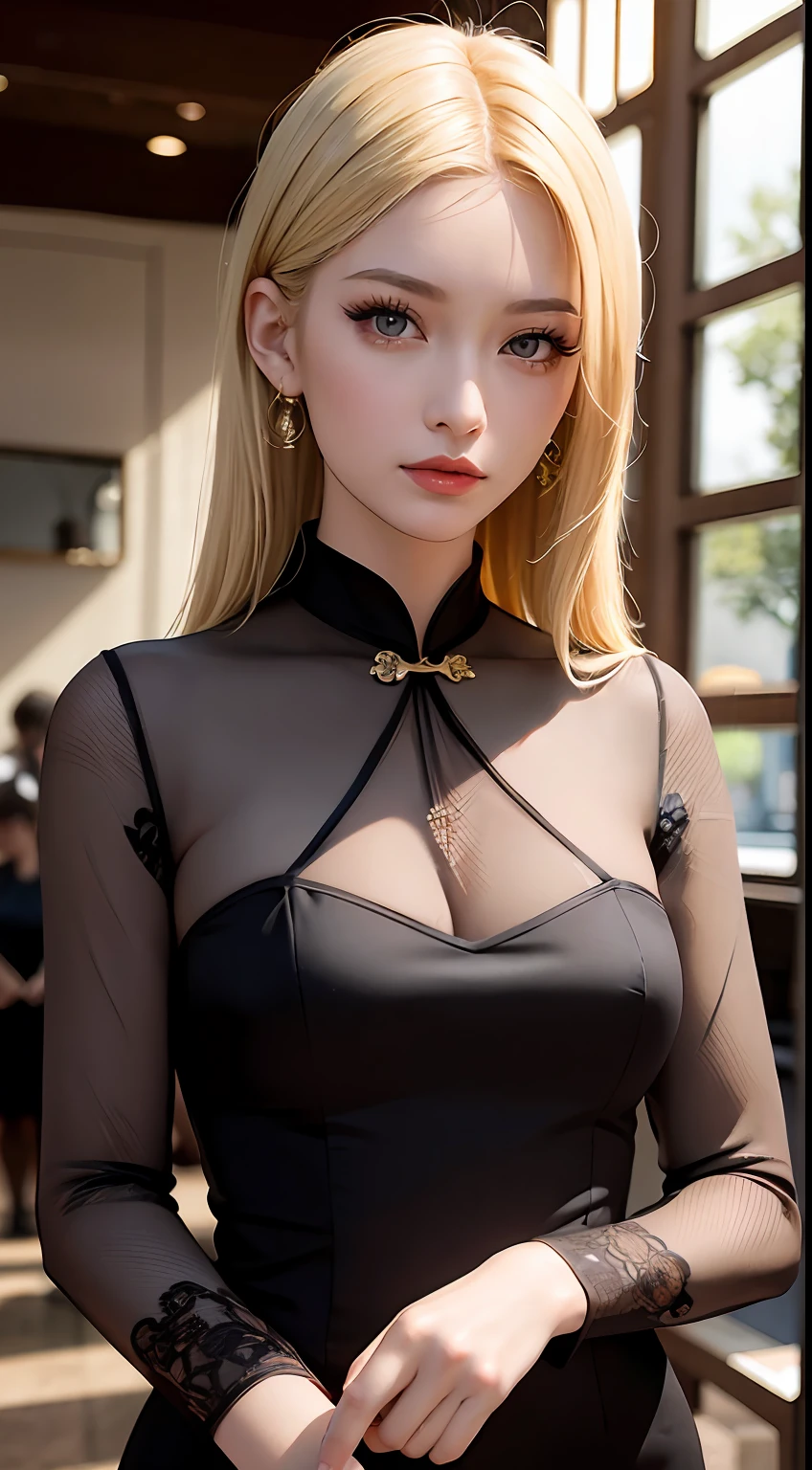 European and American women, A fashion model, wearing  cheongsam, Glamour, paparazzi taking pictures of her, Blonde hair, Brown eyes, 8K, High quality, Masterpiece, Best quality, HD, Extremely detailed, voluminetric lighting, Photorealistic