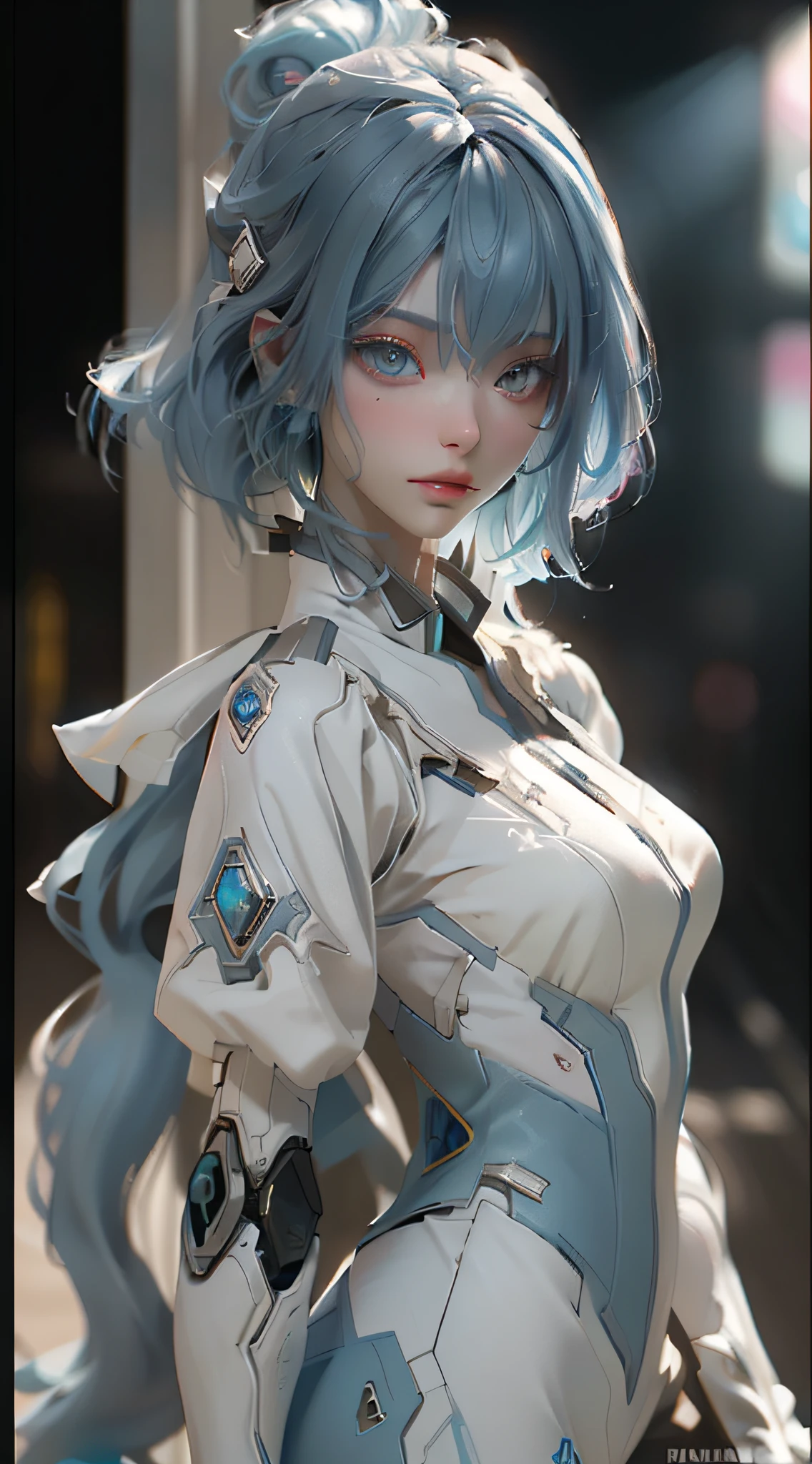 ((best qualtiy)), ((tmasterpiece)), (the detail:1.4), 3D, A beautiful cyberpunk female image,blue hairs,Pink eyes,white colored eyelashes,HDR(HighDynamicRange),Ray traching,NVIDIA RTX,Super-Resolution,Unreal 5,Subsurface scattering、PBR Texture、post-proces、Anisotropy Filtering、depth of fields、maximum definition and sharpness、Many-Layer Textures、Albedo e mapas Speculares、Surface Coloring、Accurate simulation of light-material interactions、perfectly proportions、Octane Render、Two-colored light、largeaperture、Low ISO、White balance、the rule of thirds、8K RAW、