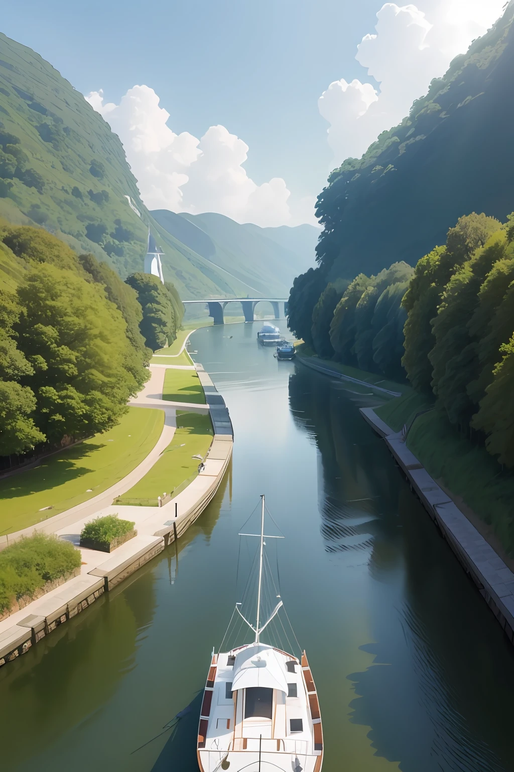 Arad boat on the river,In the background is a bridge, european river, Water channels, Inspired by Henri Biwa, canal, Beautiful environment, scenic view of river, leading to a beautiful, author:Etienne Dressett, Beautiful surroundings, Germany. Wide shot, River, 4k drone photography, visually pleasing, author:Emmanuel Boucher