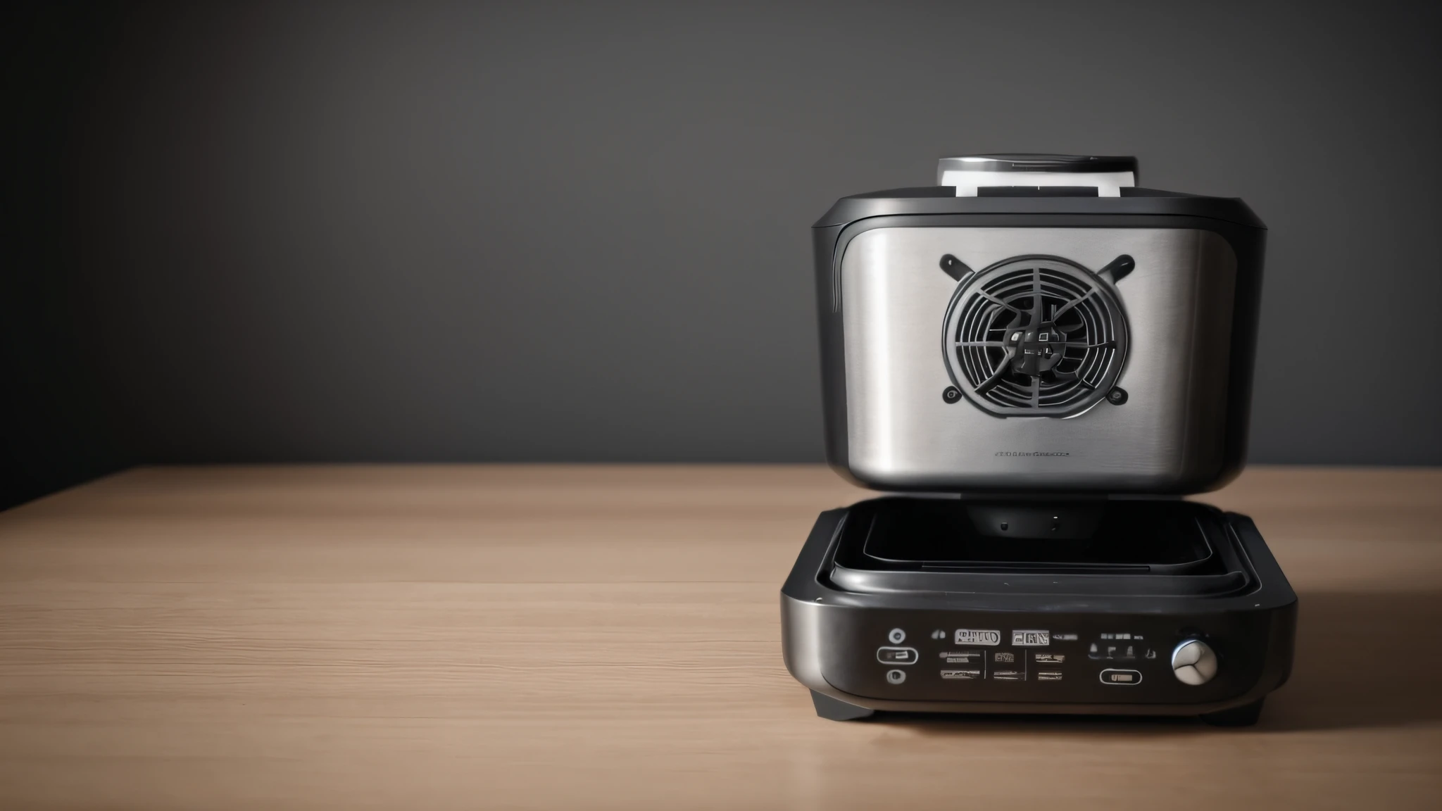 Extremely realistic photo of air fryer on tabletop(film photo)