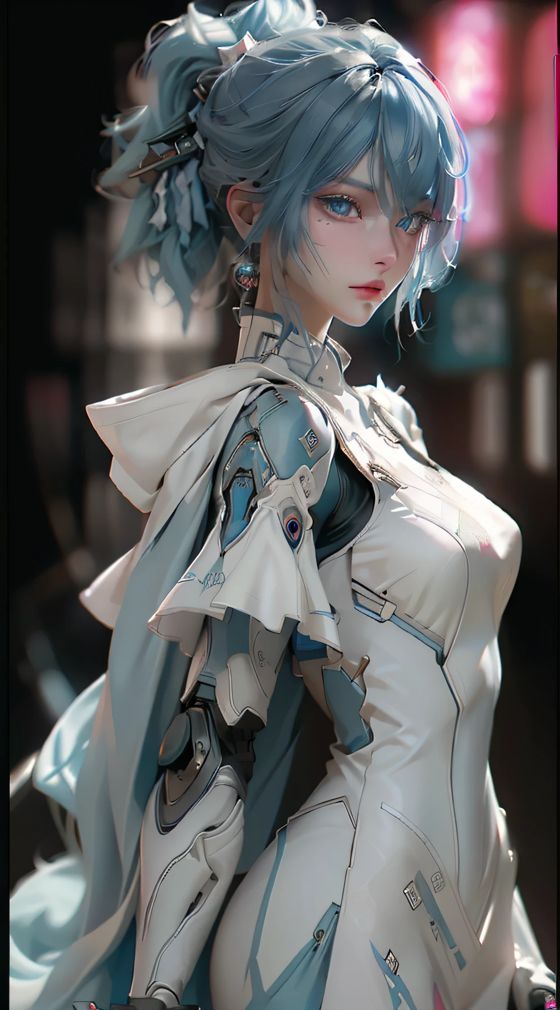 ((best qualtiy)), ((tmasterpiece)), (the detail:1.4), 3D, A beautiful cyberpunk female image,blue hairs,Pink eyes,white colored eyelashes,HDR(HighDynamicRange),Ray traching,NVIDIA RTX,Super-Resolution,Unreal 5,Subsurface scattering、PBR Texture、post-proces、Anisotropy Filtering、depth of fields、maximum definition and sharpness、Many-Layer Textures、Albedo e mapas Speculares、Surface Coloring、Accurate simulation of light-material interactions、perfectly proportions、Octane Render、Two-colored light、largeaperture、Low ISO、White balance、the rule of thirds、8K RAW、