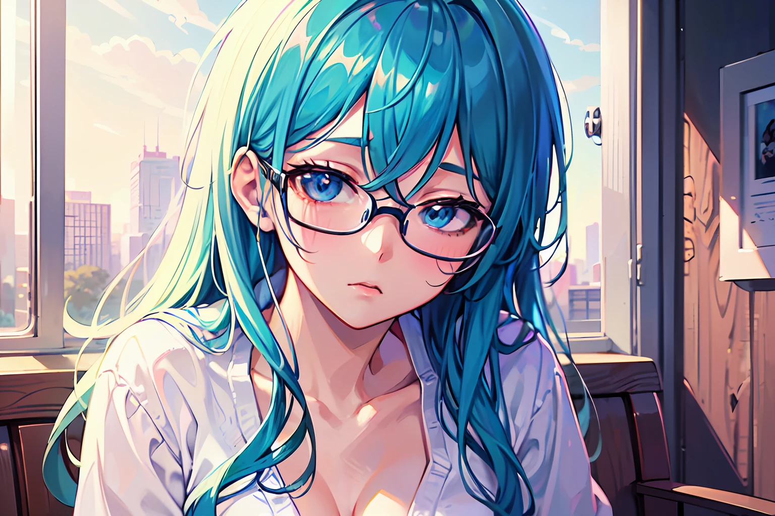 a college girl with glasses sitting ont the bench, white dyed hair, white shirt, c cup boobs, tired, bedroom, alone, lofi portrait, digital anime illustration, detailed digital anime art, anime portrait, anime moe artstyle, realistic anime art style, anime realism style, semirealistic anime style, anime character portrait, high quality anime artstyle